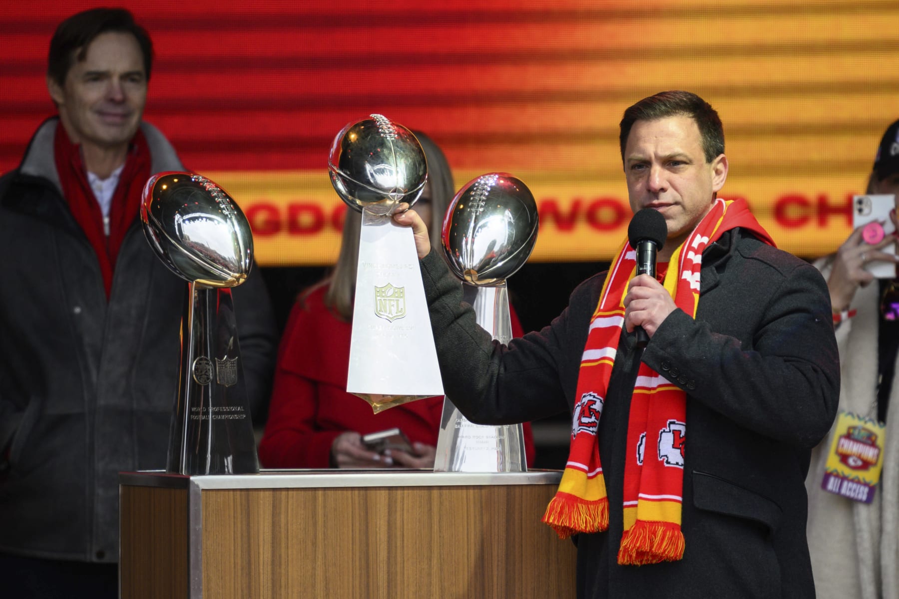 Kansas City Chiefs general manager Brett Veach holds up the Chiefs' third Super Bowl Trophy, during a victory celebration in Kansas City, Mo., Wednesday, Feb. 15, 2023. The Chiefs defeated the Philadelphia Eagles on Sunday in the NFL Super Bowl 57 football game. (AP Photo/Reed Hoffmann)
