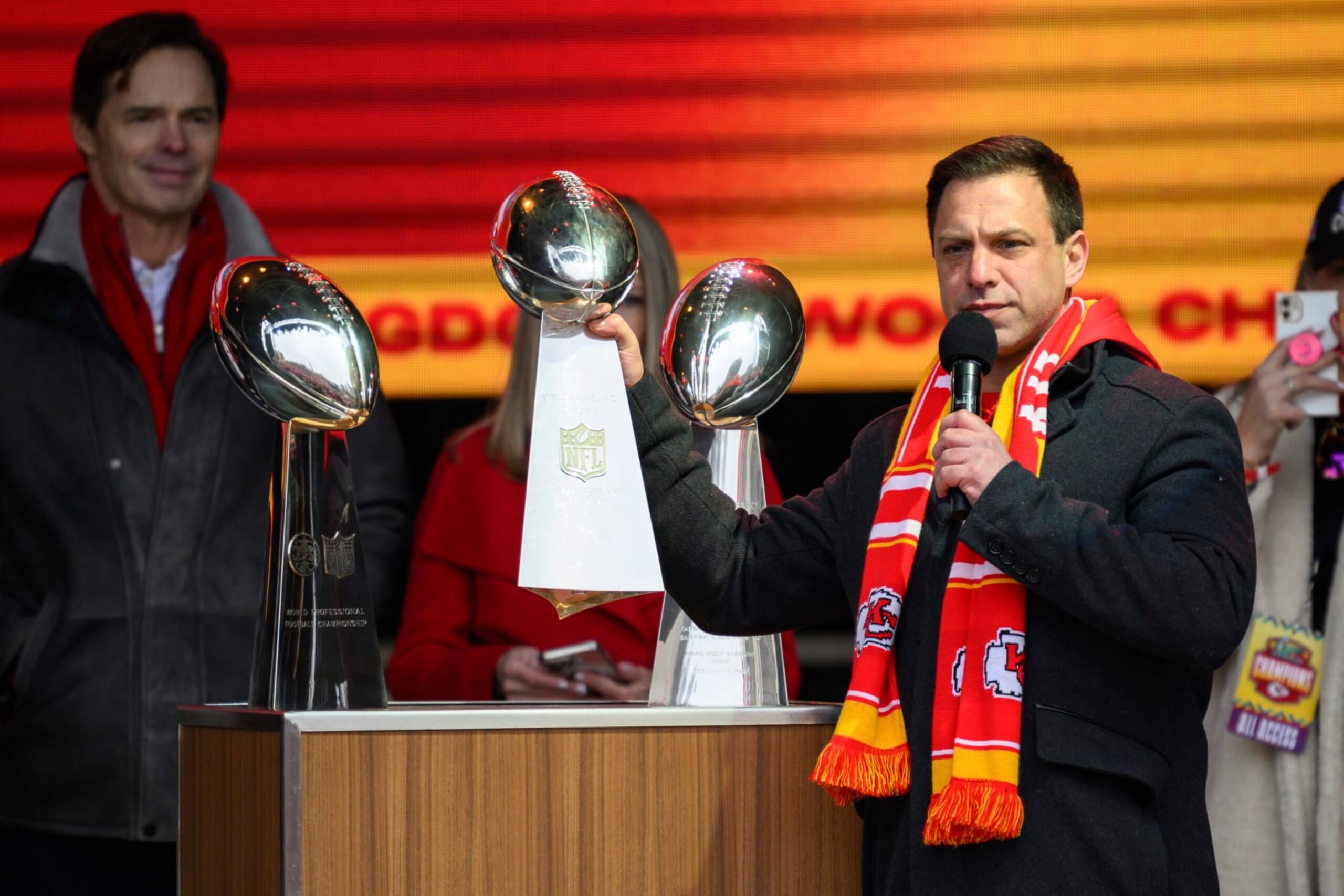 Kansas City Chiefs general manager Brett Veach holds up the Chiefs' third Super Bowl Trophy, during a victory celebration in Kansas City, Mo., Wednesday, Feb. 15, 2023. The Chiefs defeated the Philadelphia Eagles on Sunday in the NFL Super Bowl 57 football game. (AP Photo/Reed Hoffmann)