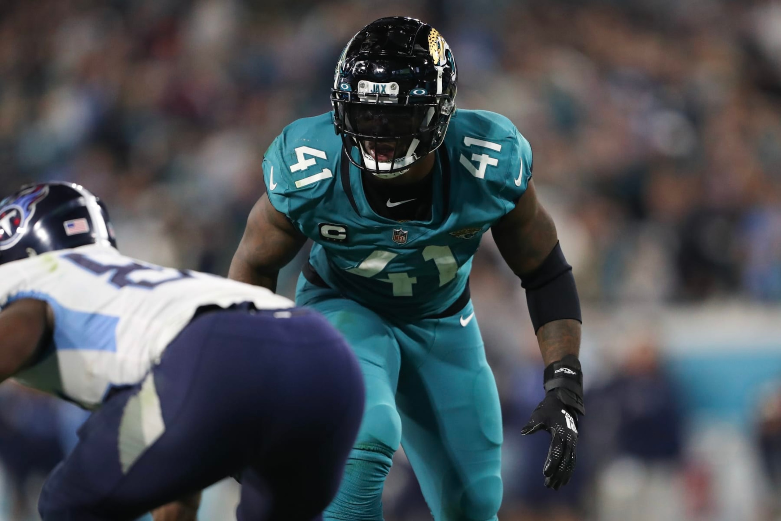 JACKSONVILLE, FLORIDA - JANUARY 07: Josh Allen #41 of the Jacksonville Jaguars in action during the second half against the Tennessee Titans at TIAA Bank Field on January 07, 2023 in Jacksonville, Florida. (Photo by Courtney Culbreath/Getty Images)