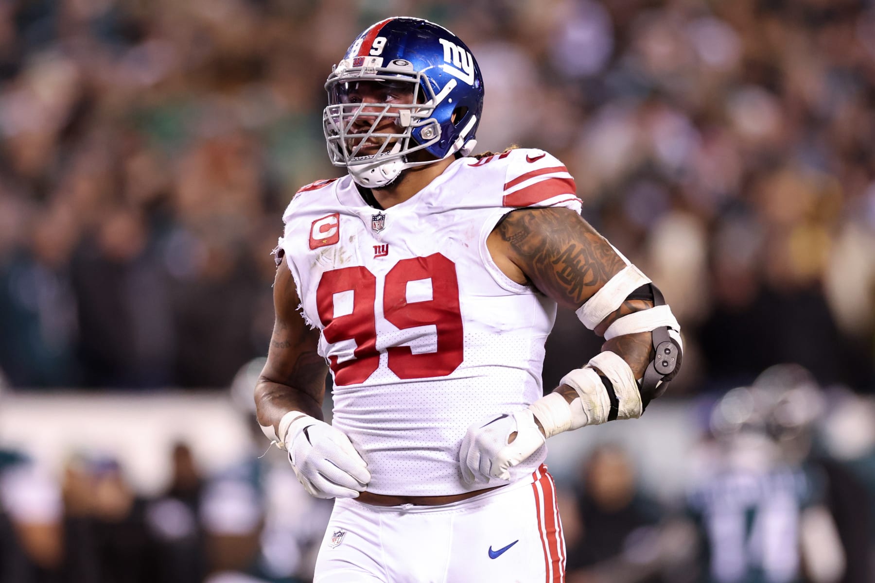 PHILADELPHIA, PENNSYLVANIA - JANUARY 21: Leonard Williams #99 of the New York Giants looks on against the Philadelphia Eagles during the first half in the NFC Divisional Playoff game at Lincoln Financial Field on January 21, 2023 in Philadelphia, Pennsylvania. (Photo by Tim Nwachukwu/Getty Images)