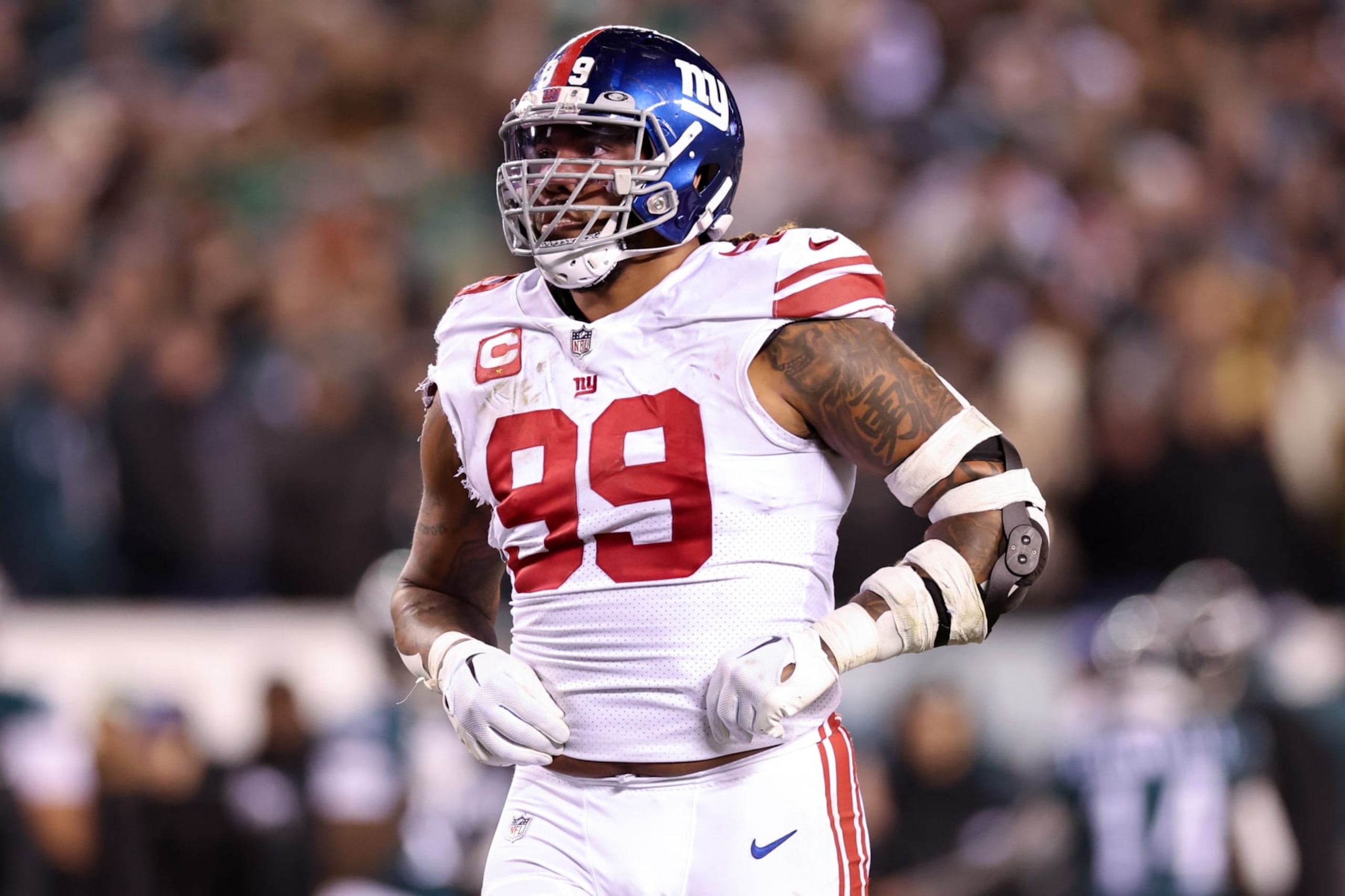 PHILADELPHIA, PENNSYLVANIA - JANUARY 21: Leonard Williams #99 of the New York Giants looks on against the Philadelphia Eagles during the first half in the NFC Divisional Playoff game at Lincoln Financial Field on January 21, 2023 in Philadelphia, Pennsylvania. (Photo by Tim Nwachukwu/Getty Images)