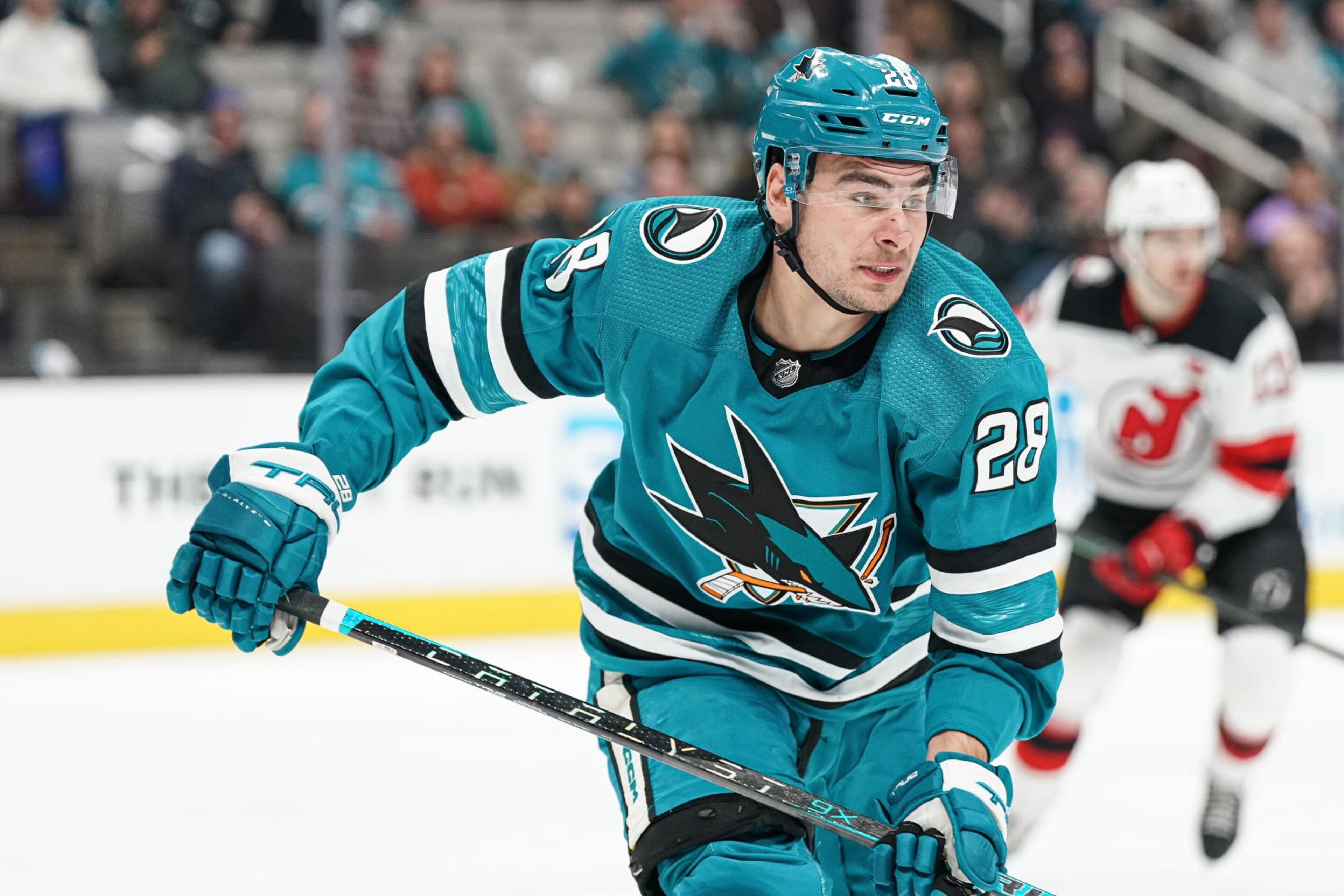 SAN JOSE, CA - JANUARY 16: Timo Meier #28 of the San Jose Sharks skates after the puck against the New Jersey Devils at SAP Center on January 16, 2023 in San Jose, California. (Photo by Kavin Mistry/NHLI via Getty Images)