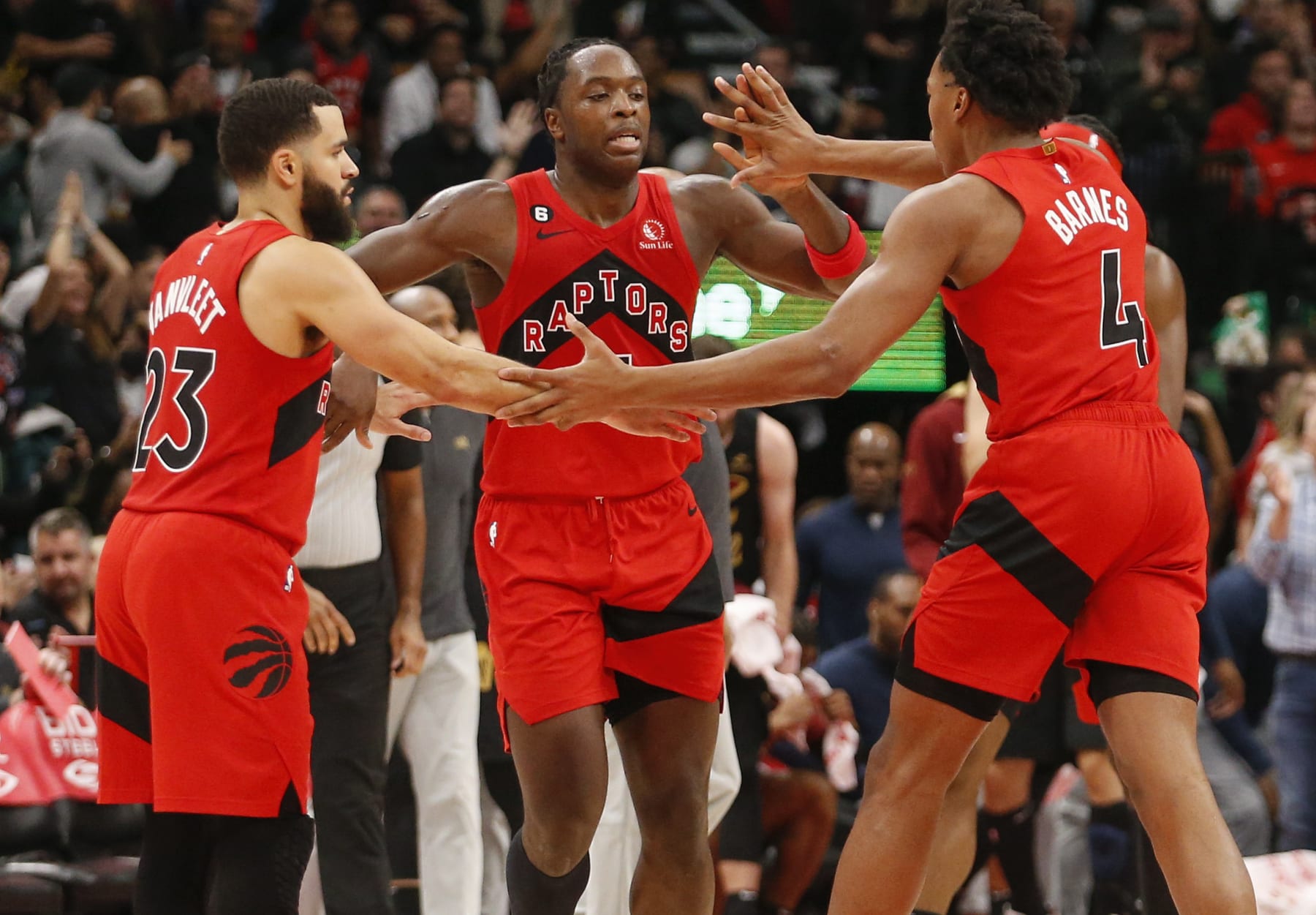 Fred VanVleet, O.G. Anunoby and Scottie Barnes