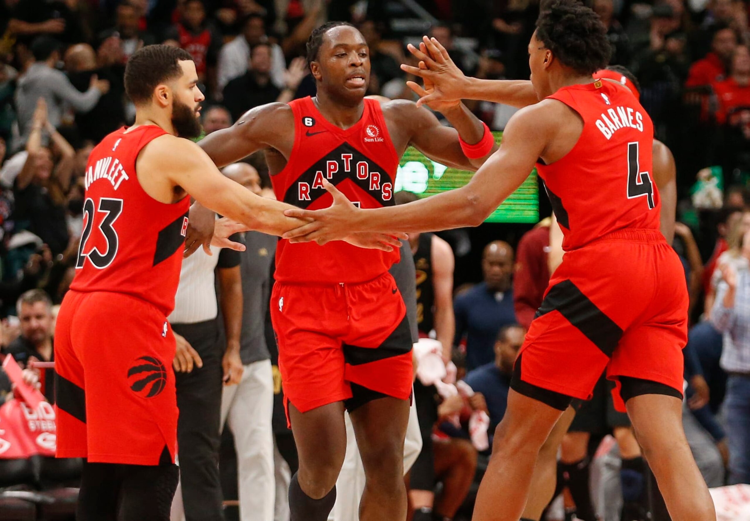 Fred VanVleet, O.G. Anunoby and Scottie Barnes