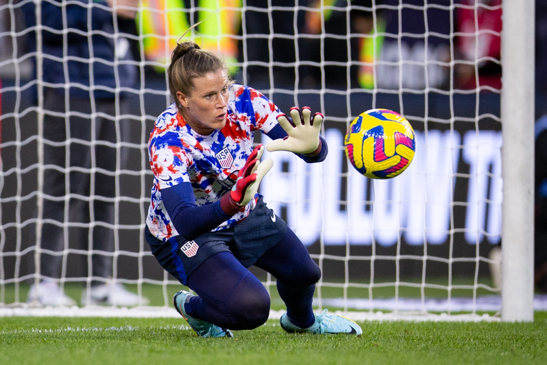 HARRISON, NJ - NOVEMBER 13: Alyssa Naeher #1 of the United States warms up before a game between Germany and USWNT at Red Bull Arena on November 13, 2022 in Harrison, New Jersey. (Photo by Erin Chang/ISI Photos/Getty Images)