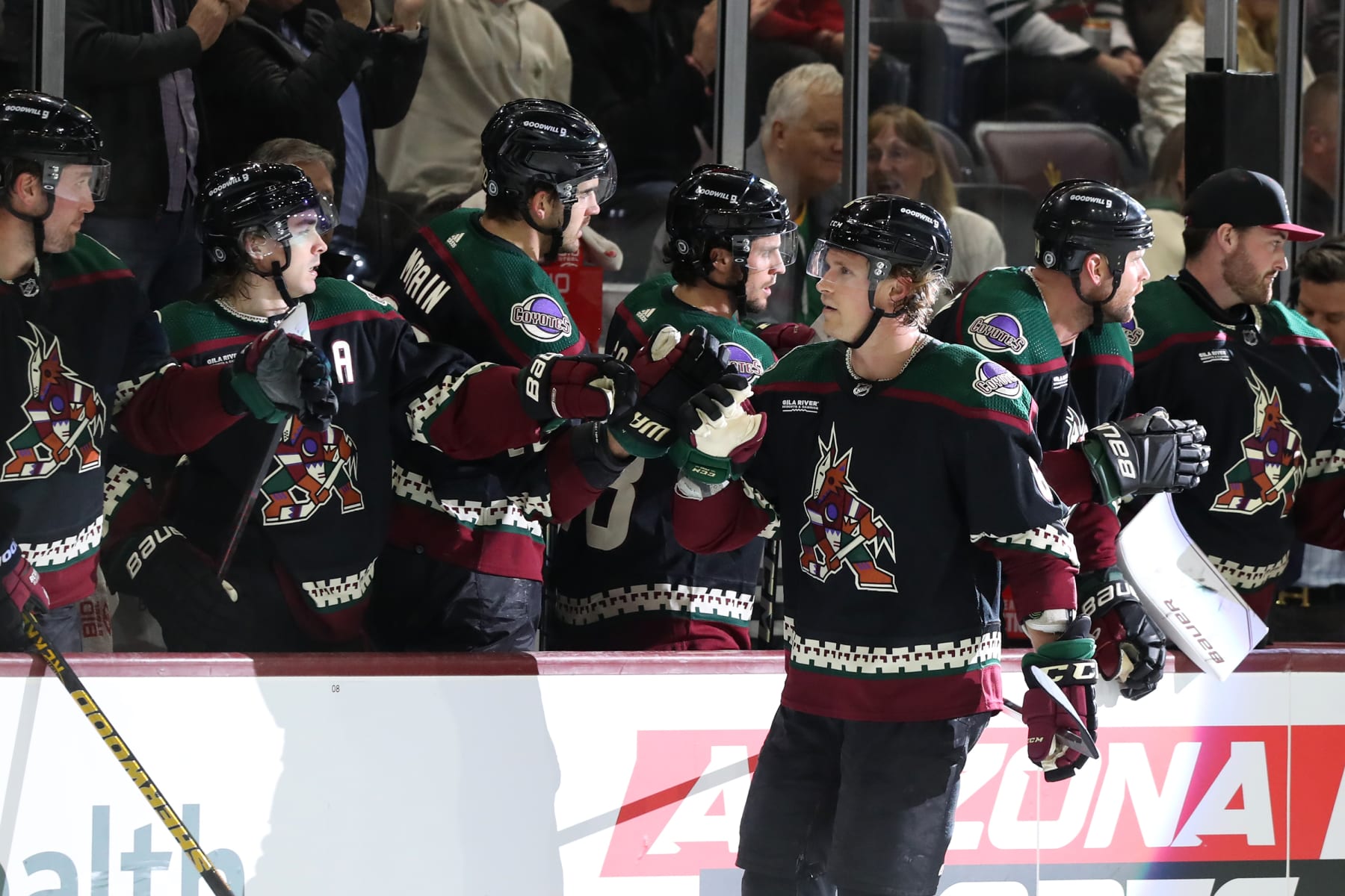 TEMPE, AZ - FEBRUARY 06: Arizona Coyotes defenseman Jakob Chychrun (6) celebrates a goal with the Arizona Coyotes bench during the second period of a Hockey game between the Minnesota Wild and Arizona Coyotes on February 6th, 2023, at Mullett Arena in Tempe, AZ. (Photo by Zac BonDurant/Icon Sportswire via Getty Images)