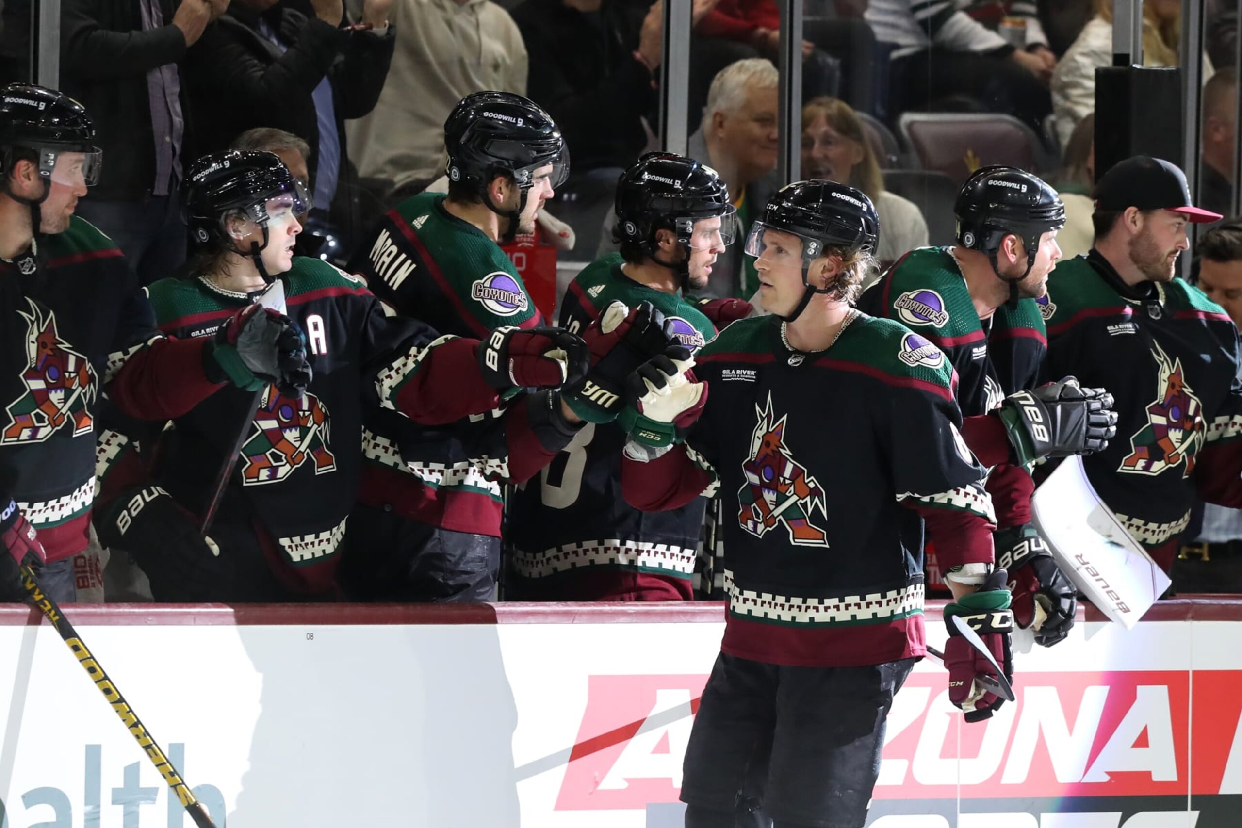 TEMPE, AZ - FEBRUARY 06: Arizona Coyotes defenseman Jakob Chychrun (6) celebrates a goal with the Arizona Coyotes bench during the second period of a Hockey game between the Minnesota Wild and Arizona Coyotes on February 6th, 2023, at Mullett Arena in Tempe, AZ. (Photo by Zac BonDurant/Icon Sportswire via Getty Images)