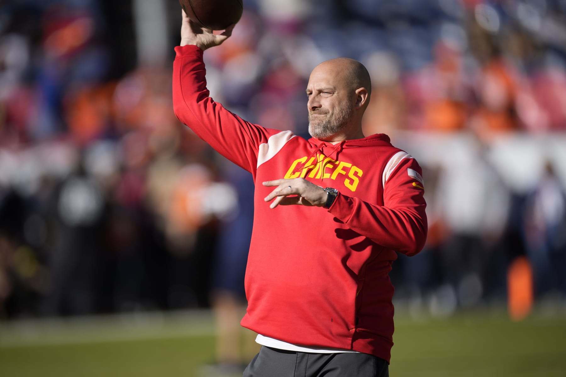Kansas City Chiefs quarterbacks coach Matt Nagy in the first half of an NFL football game Sunday, Dec. 11, 2022, in Denver. (AP Photo/David Zalubowski)