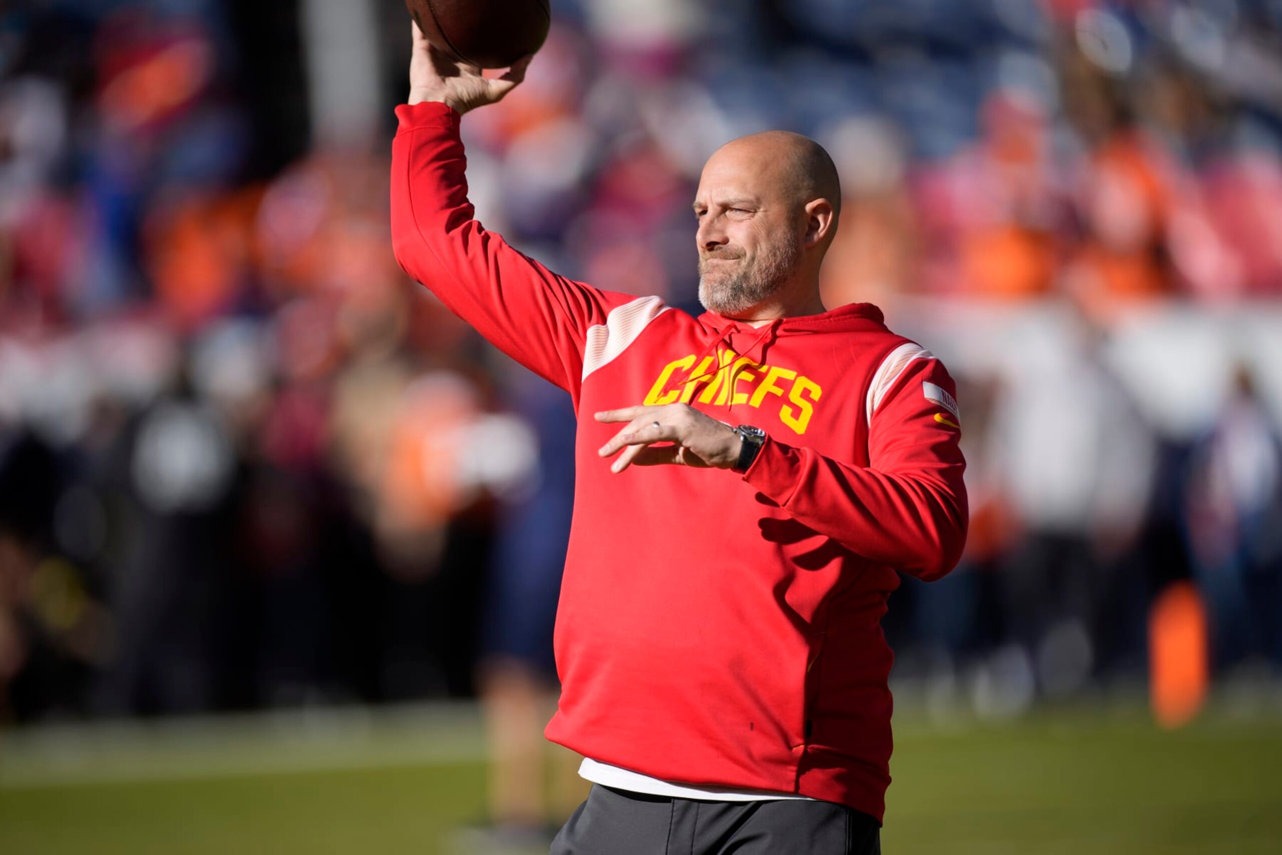 Kansas City Chiefs quarterbacks coach Matt Nagy in the first half of an NFL football game Sunday, Dec. 11, 2022, in Denver. (AP Photo/David Zalubowski)