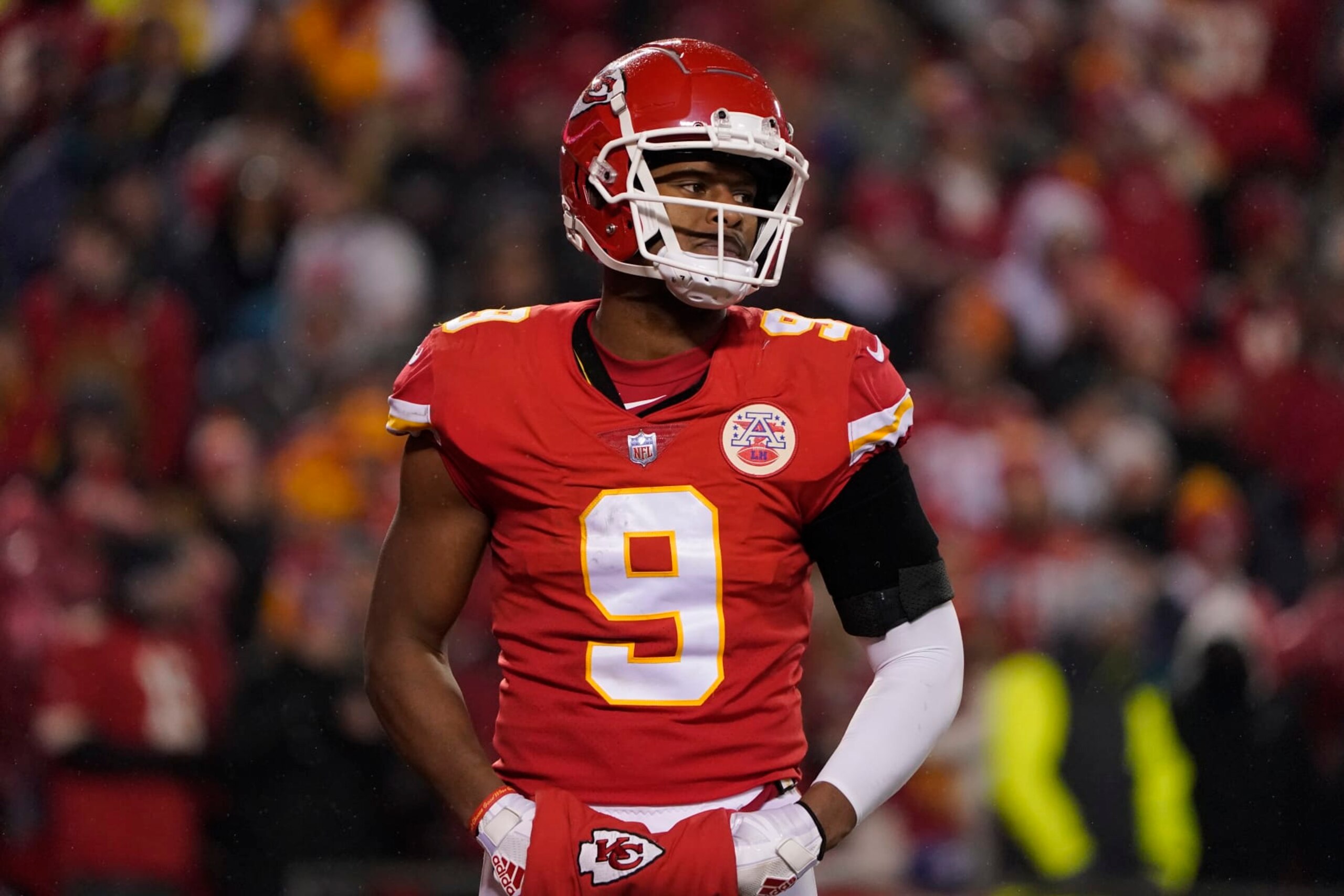 Kansas City Chiefs wide receiver JuJu Smith-Schuster in action during an NFL Divisional Playoff football game against the Jacksonville Jaguars Saturday, Jan. 21, 2023, in Kansas City, Mo. (AP Photo/Ed Zurga)