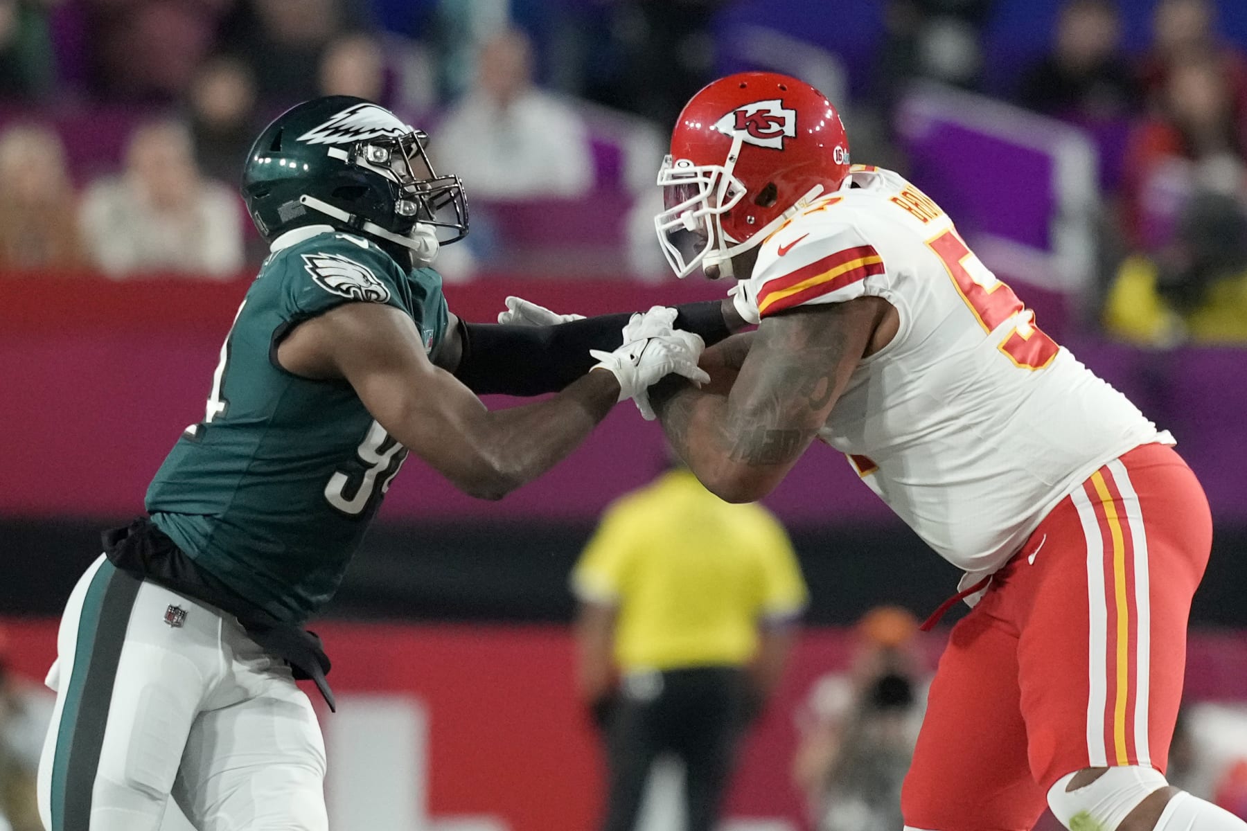 Philadelphia Eagles defensive end Josh Sweat (94) in action against the Kansas City Chiefs offensive tackle Orlando Brown Jr. (57) during the NFL Super Bowl 57 football game, Sunday, Feb. 12, 2023, in Glendale, Ariz. (AP Photo/Steve Luciano)