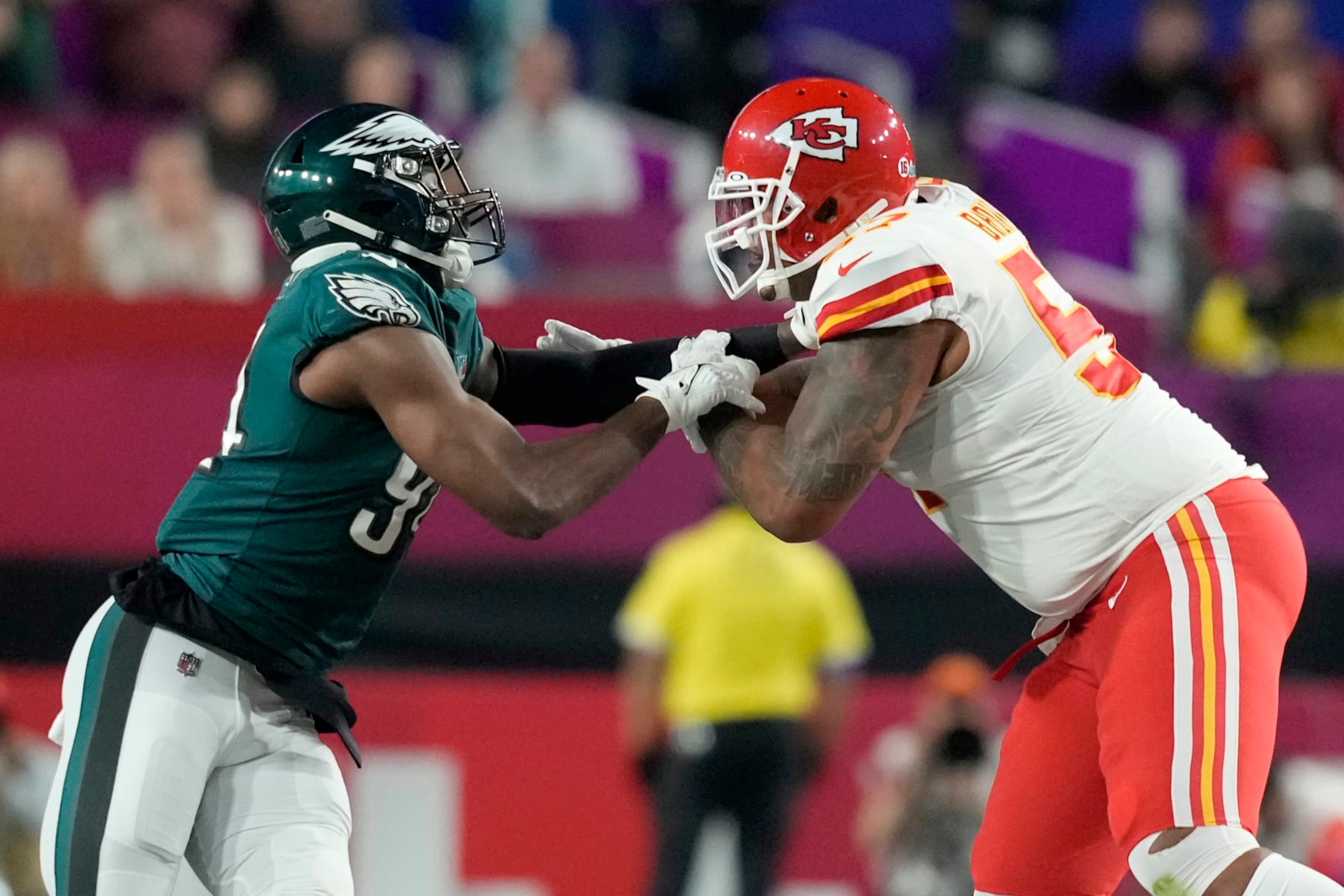Philadelphia Eagles defensive end Josh Sweat (94) in action against the Kansas City Chiefs offensive tackle Orlando Brown Jr. (57) during the NFL Super Bowl 57 football game, Sunday, Feb. 12, 2023, in Glendale, Ariz. (AP Photo/Steve Luciano)