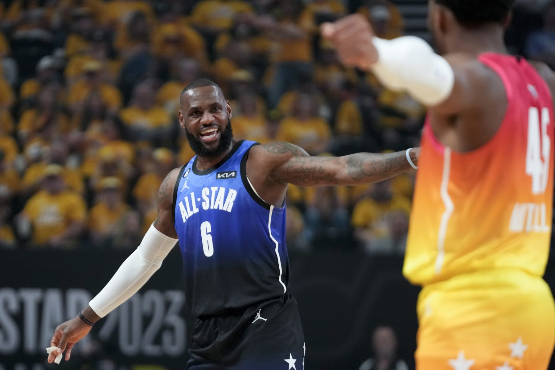 Team LeBron forward LeBron James (6) reacts during the first half of the NBA basketball All-Star game Sunday, Feb. 19, 2023, in Salt Lake City. (AP Photo/Rick Bowmer)