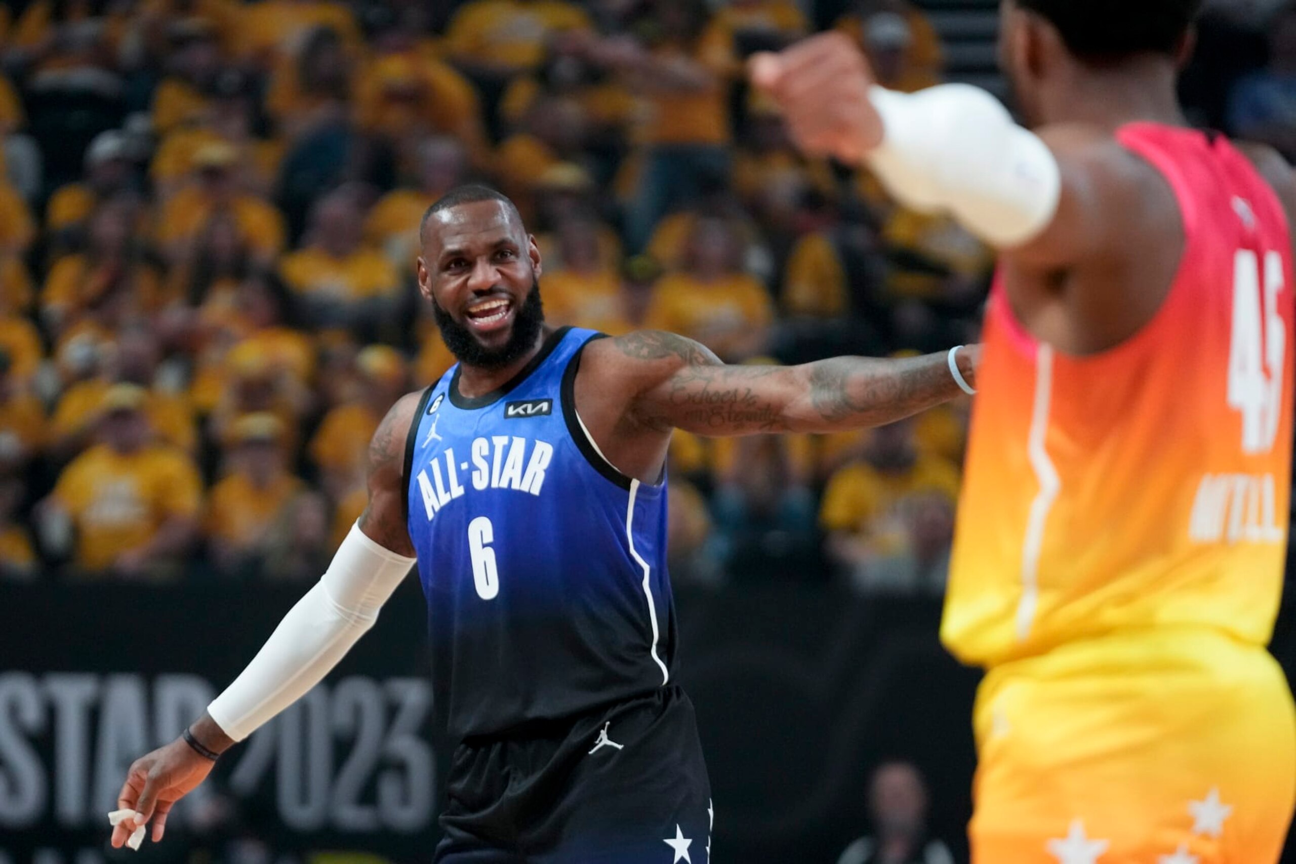 Team LeBron forward LeBron James (6) reacts during the first half of the NBA basketball All-Star game Sunday, Feb. 19, 2023, in Salt Lake City. (AP Photo/Rick Bowmer)