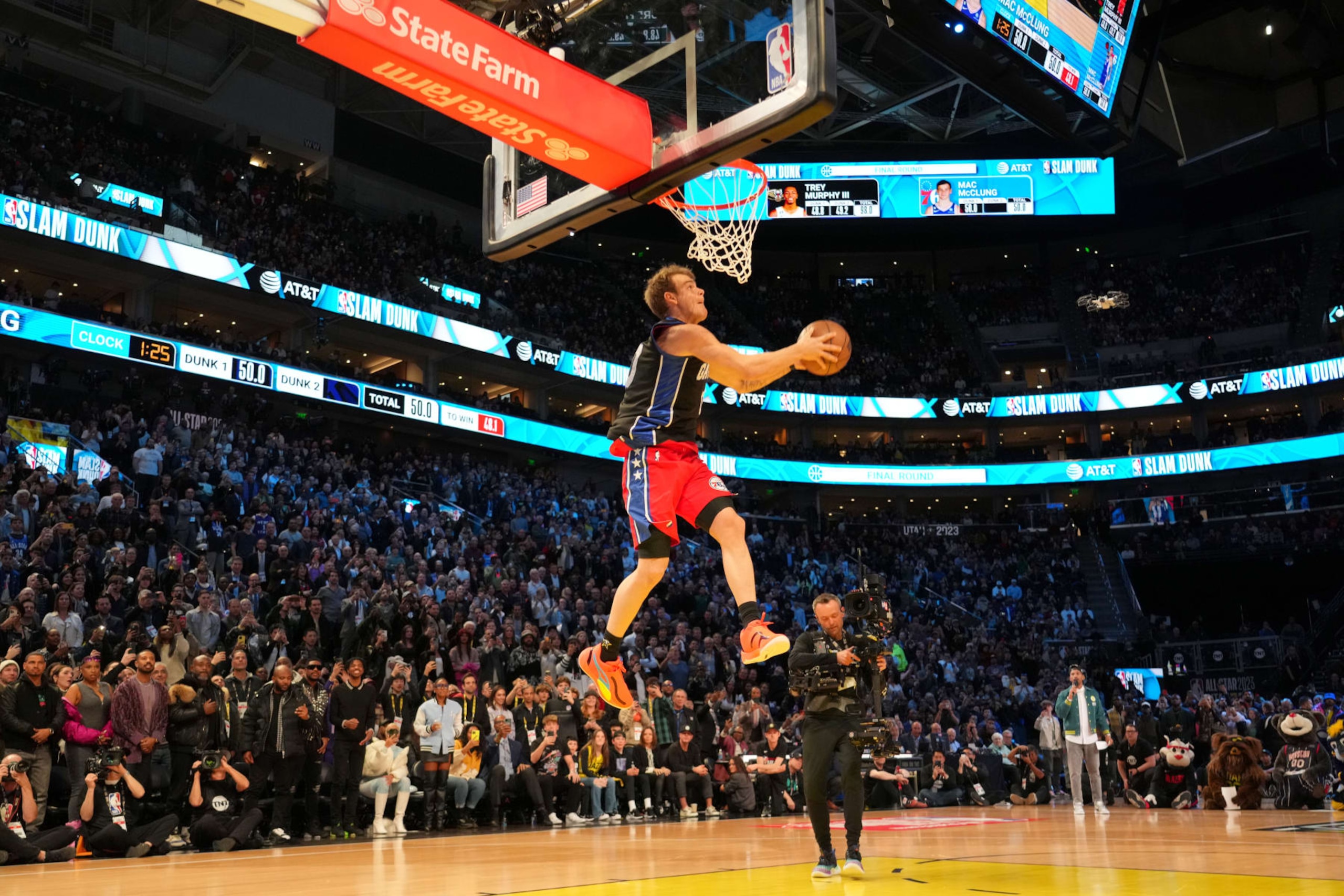 SALT LAKE CITY, UT - FEBRUARY 18: (EDITORS NOTE: Dunk sequence 3 of 4) Mac McClung #9 of the Philadelphia 76ers dunks the ball during the AT&T Slam Dunk Contest as part of 2023 NBA All Star Weekend on Saturday, February 18, 2023 at Vivint Arena in Salt Lake City, Utah. NOTE TO USER: User expressly acknowledges and agrees that, by downloading and/or using this Photograph, user is consenting to the terms and conditions of the Getty Images License Agreement. Mandatory Copyright Notice: Copyright 2023 NBAE (Photo by Jesse D. Garrabrant/NBAE via Getty Images)