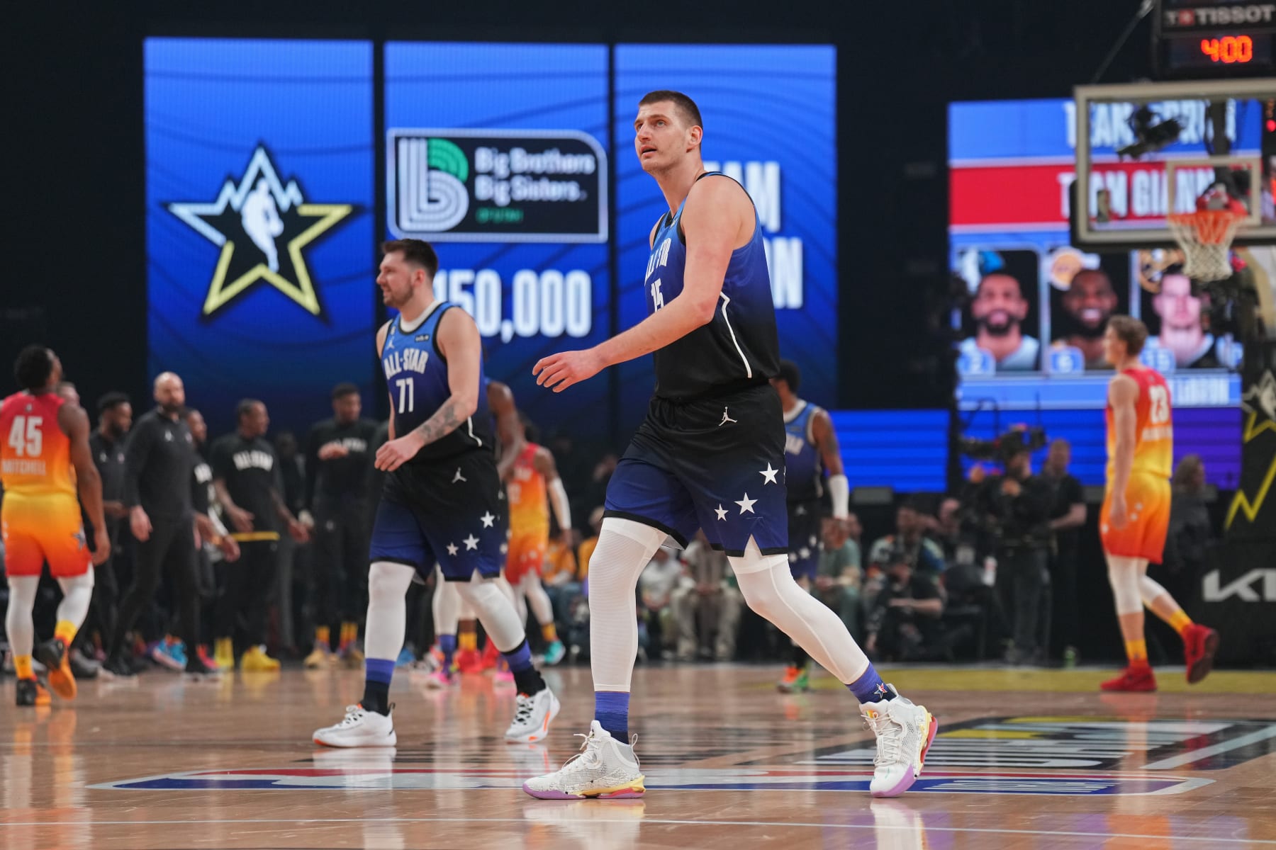 SALT LAKE CITY, UT - FEBRUARY 19: Nikola Jokic #15 of Team LeBron walks on the court during the NBA All-Star Game as part of 2023 NBA All Star Weekend on Sunday, February 19, 2023 at Vivint Arena in Salt Lake City, Utah. NOTE TO USER: User expressly acknowledges and agrees that, by downloading and/or using this Photograph, user is consenting to the terms and conditions of the Getty Images License Agreement. Mandatory Copyright Notice: Copyright 2023 NBAE (Photo by Jesse D. Garrabrant/NBAE via Getty Images)