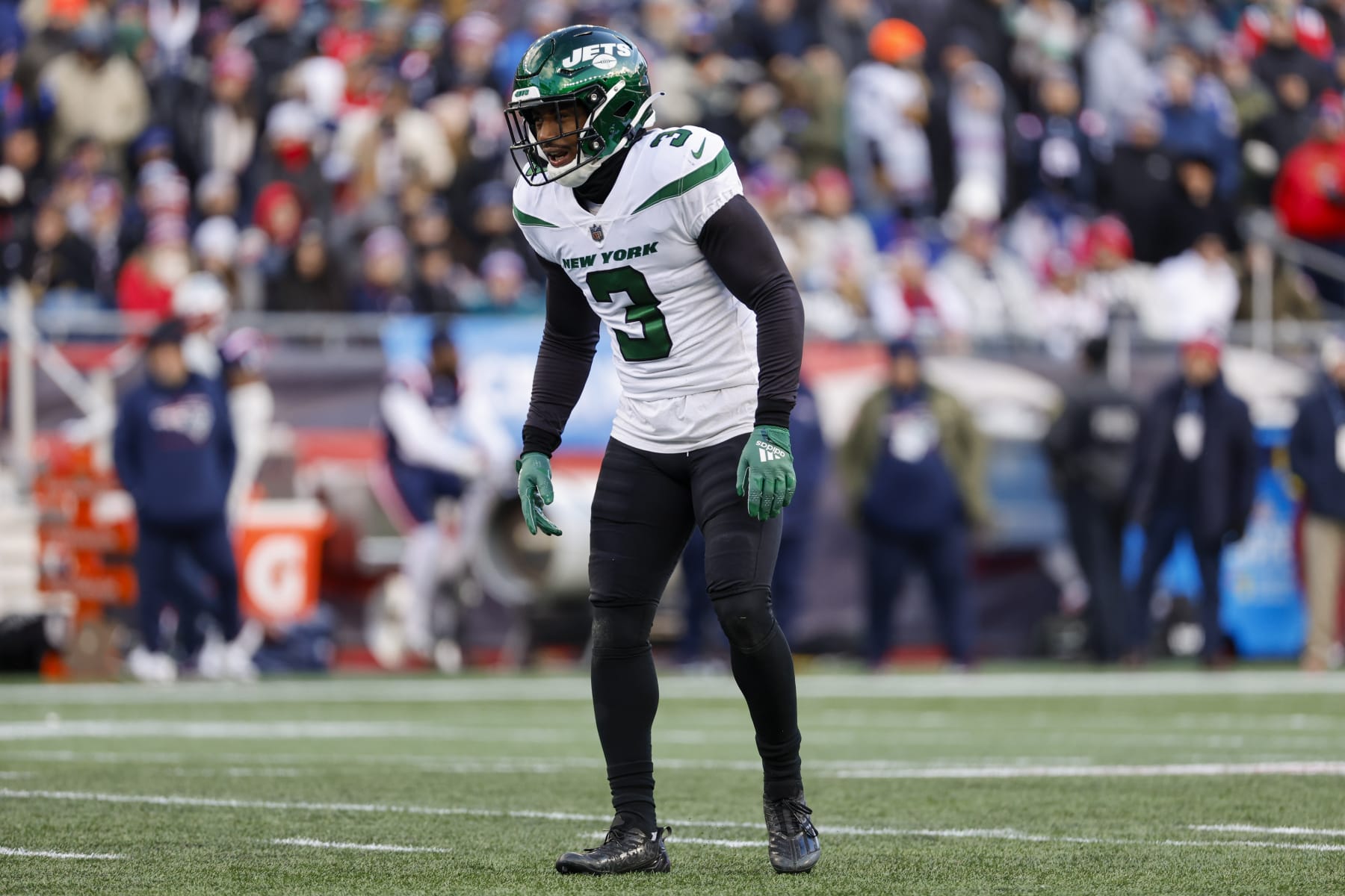 New York Jets safety Jordan Whitehead (3) prepares during the first half of an NFL football game against the New England Patriots, Sunday, Nov. 20, 2022, in Foxborough, Mass. (AP Photo/Greg M. Cooper)