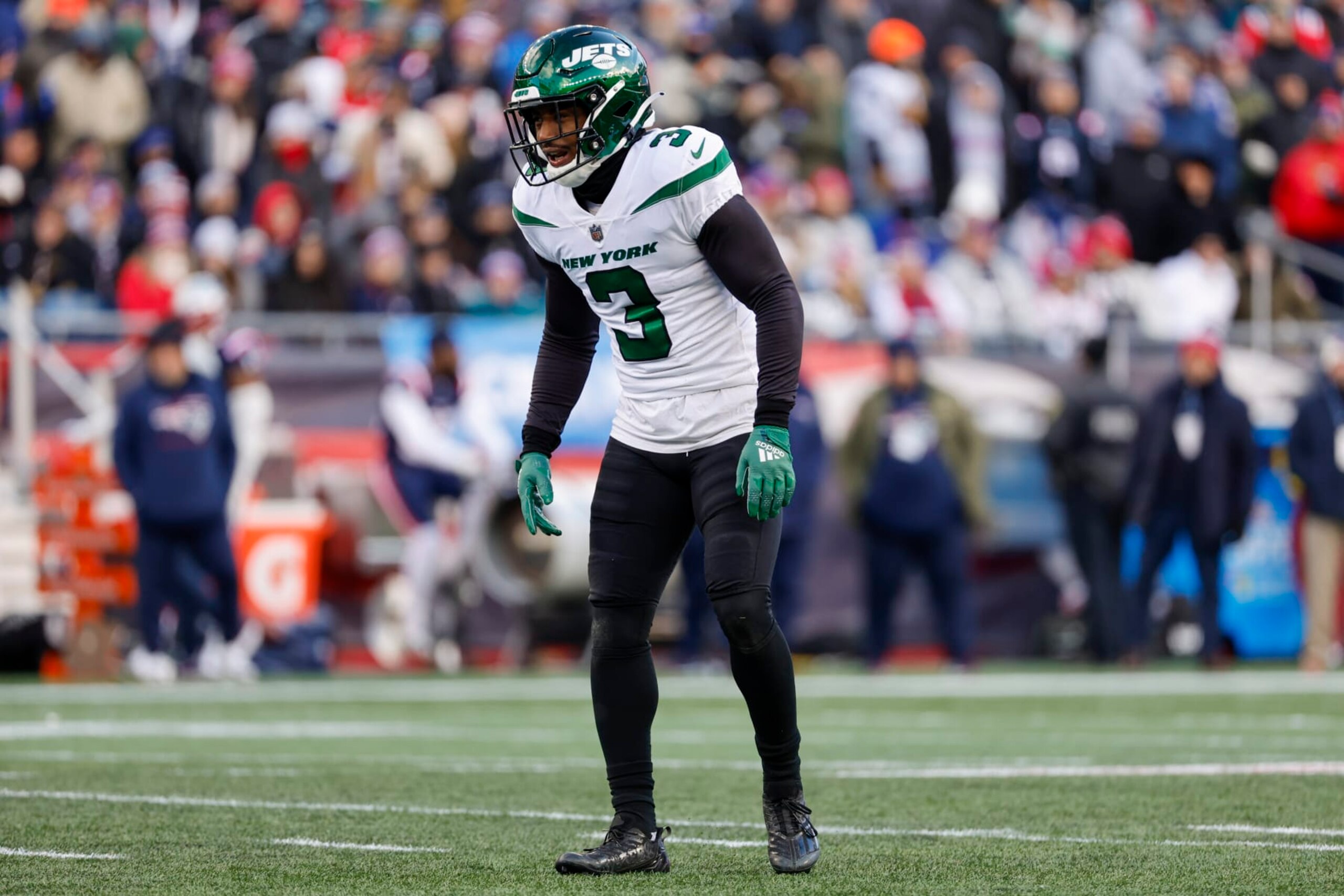 New York Jets safety Jordan Whitehead (3) prepares during the first half of an NFL football game against the New England Patriots, Sunday, Nov. 20, 2022, in Foxborough, Mass. (AP Photo/Greg M. Cooper)