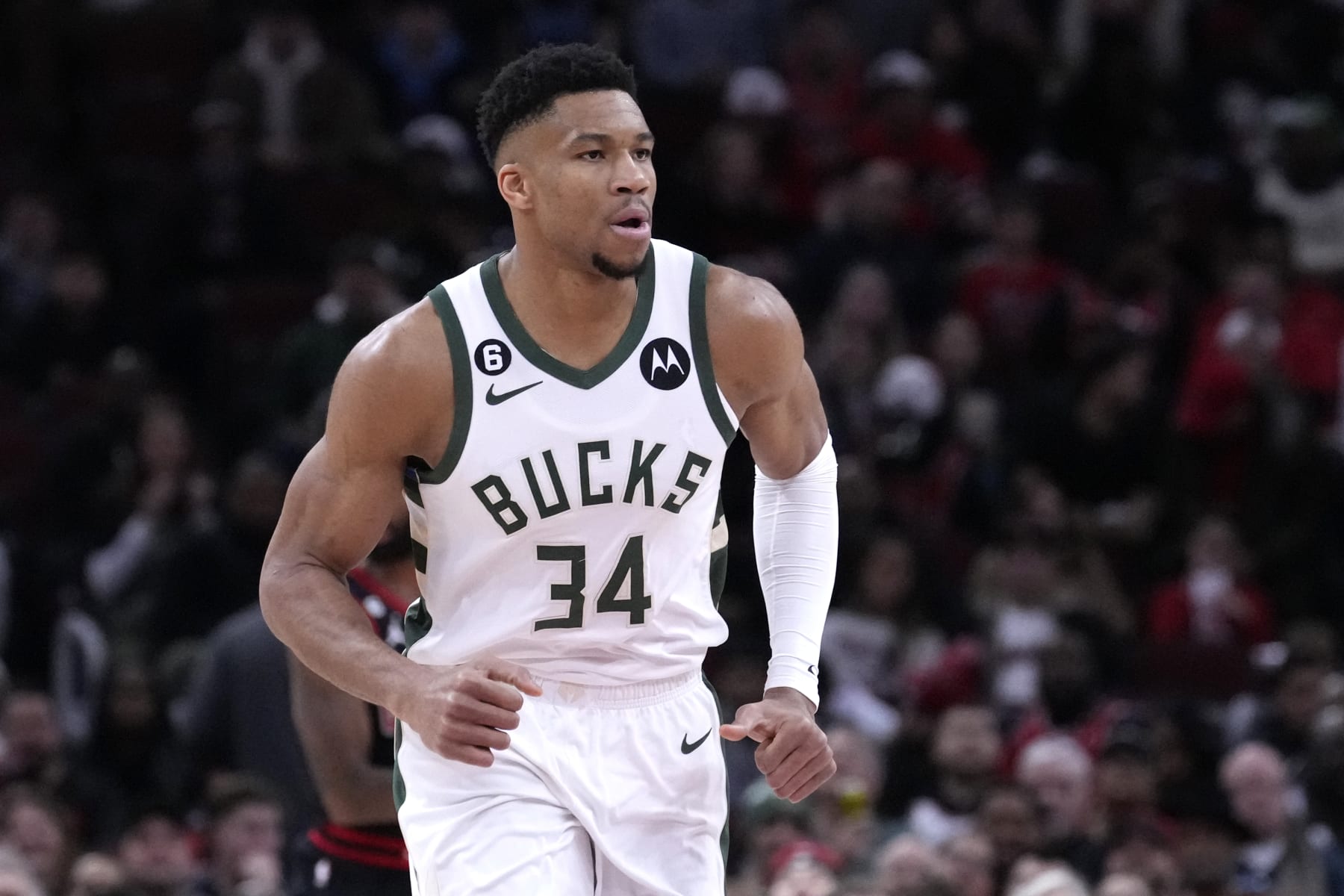 Milwaukee Bucks' Giannis Antetokounmpo heads down court during an NBA basketball game against the Chicago Bulls Thursday, February 16, 2023, in Chicago. (AP Photo/Charles Rex Arbogast)