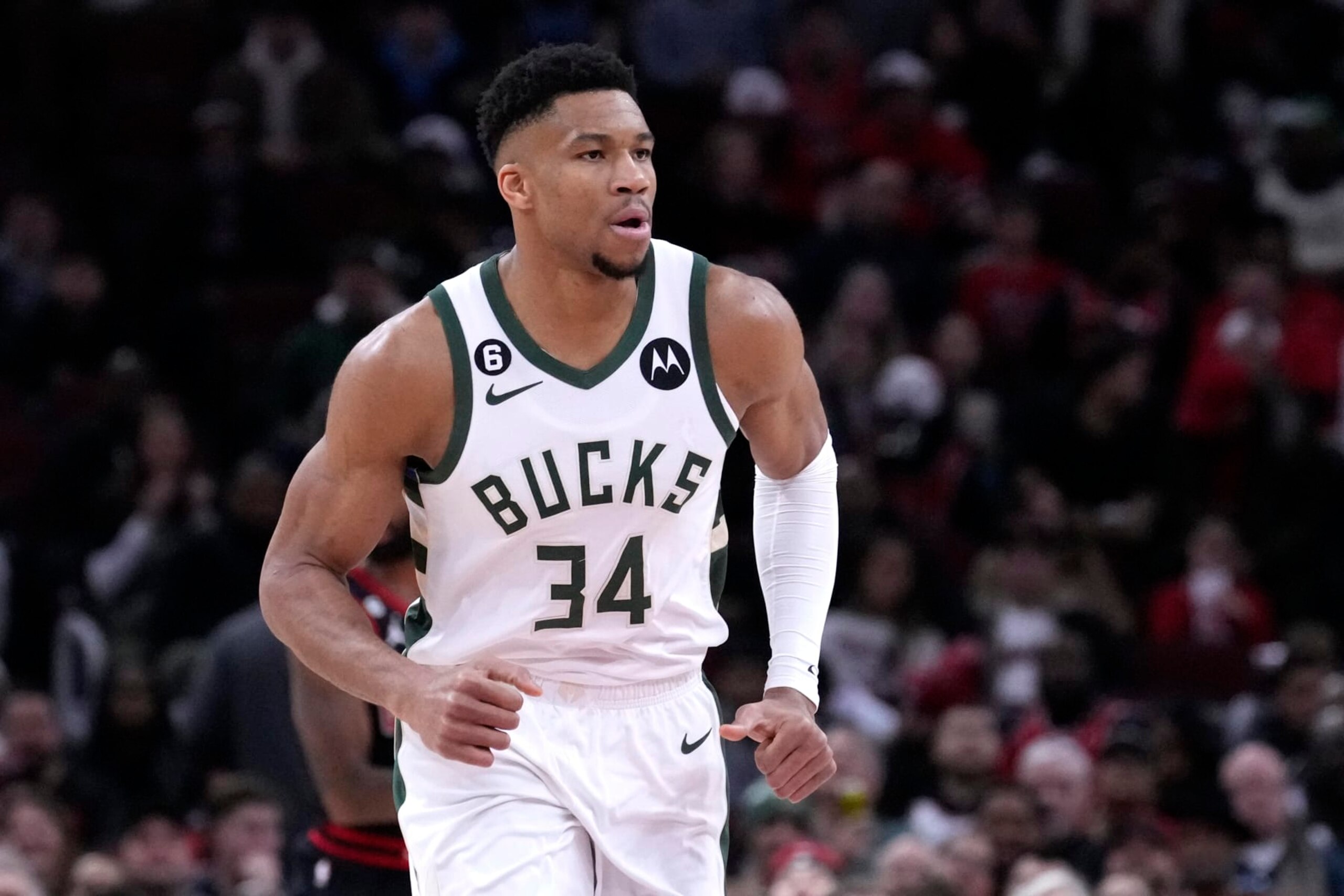 Milwaukee Bucks' Giannis Antetokounmpo heads down court during an NBA basketball game against the Chicago Bulls Thursday, February 16, 2023, in Chicago. (AP Photo/Charles Rex Arbogast) Milwaukee Bucks' Giannis Antetokounmpo heads down court during an NBA basketball game against the Chicago Bulls Thursday, February 16, 2023, in Chicago. (AP Photo/Charles Rex Arbogast)
