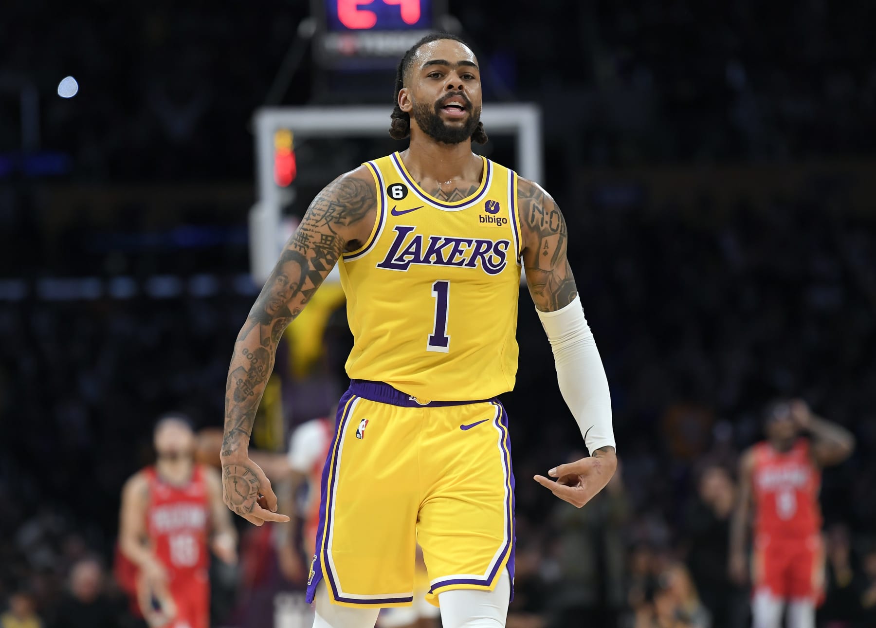 LOS ANGELES, CA - FEBRUARY 15: D'Angelo Russell #1 of the Los Angeles Lakers celebrates scoring a three-point basket against the New Orleans Pelicans during the second half at Crypto.com Arena on February 15, 2023 in Los Angeles, California. NOTE TO USER: User expressly acknowledges and agrees that, by downloading and or using this photograph, User is consenting to the terms and conditions of the Getty Images License Agreement. (Photo by Kevork Djansezian/Getty Images)