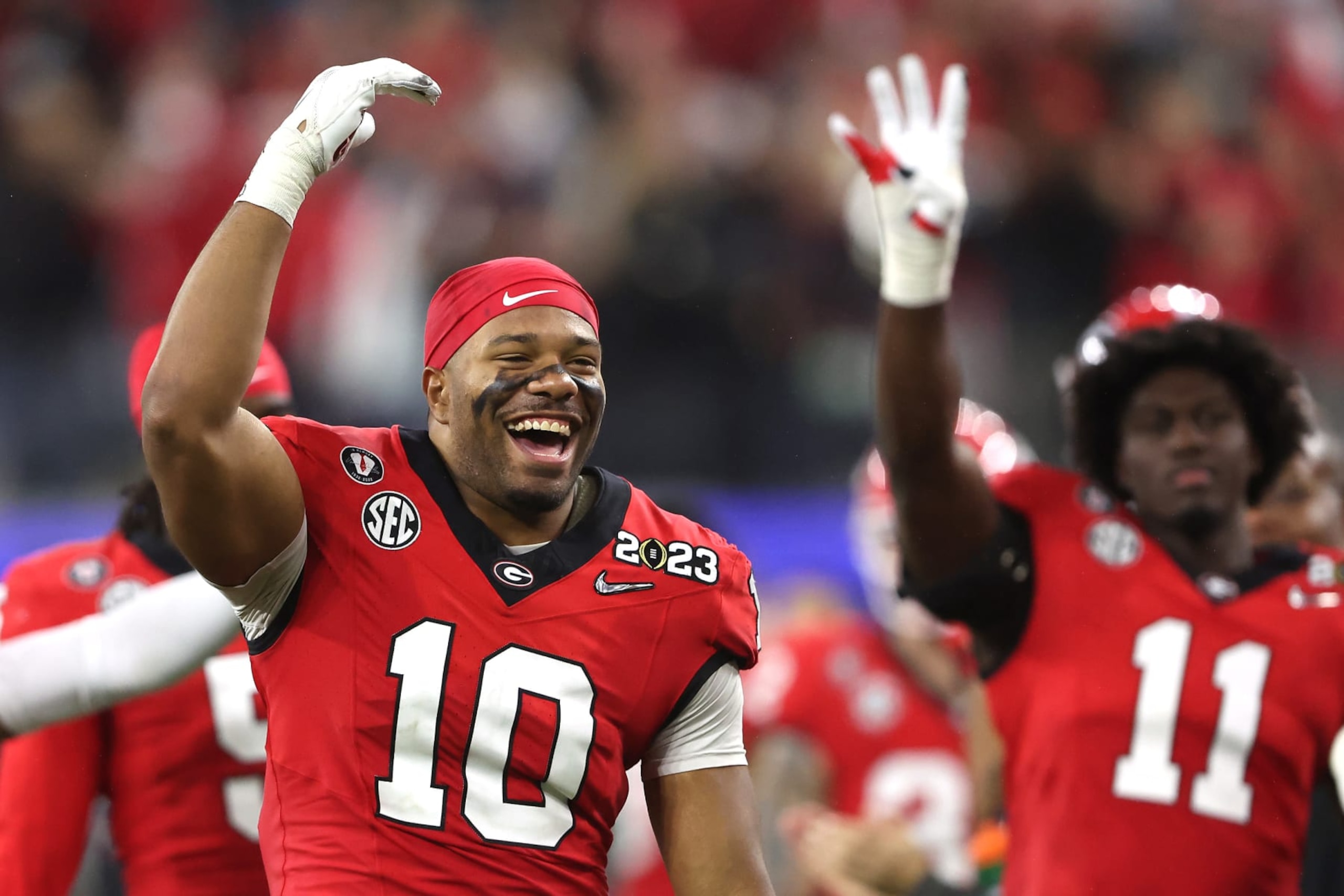 INGLEWOOD, CALIFORNIA - JANUARY 09: Jamon Dumas-Johnson #10 of the Georgia Bulldogs celebrates in the fourth quarter against the TCU Horned Frogs in the College Football Playoff National Championship game at SoFi Stadium on January 09, 2023 in Inglewood, California. (Photo by Sean M. Haffey/Getty Images) INGLEWOOD, CALIFORNIA - JANUARY 09: Jamon Dumas-Johnson #10 of the Georgia Bulldogs celebrates in the fourth quarter against the TCU Horned Frogs in the College Football Playoff National Championship game at SoFi Stadium on January 09, 2023 in Inglewood, California. (Photo by Sean M. Haffey/Getty Images)