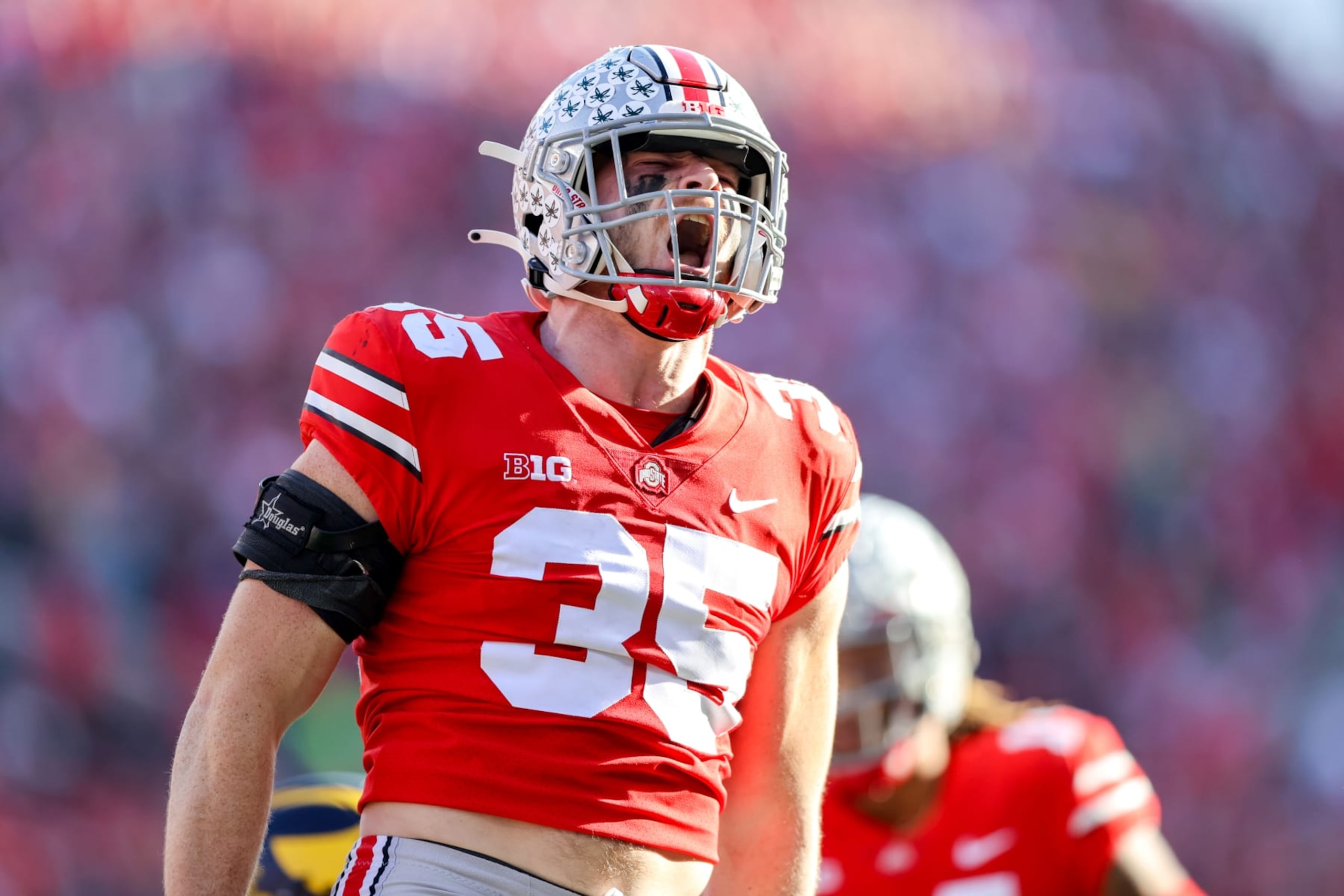 COLUMBUS, OH - NOVEMBER 26: Ohio State Buckeyes linebacker Tommy Eichenberg (35) celebrates after making a tackle during the third quarter of the college football game between the Michigan Wolverines and Ohio State Buckeyes on November 26, 2022, at Ohio Stadium in Columbus, OH. (Photo by Frank Jansky/Icon Sportswire via Getty Images) COLUMBUS, OH - NOVEMBER 26: Ohio State Buckeyes linebacker Tommy Eichenberg (35) celebrates after making a tackle during the third quarter of the college football game between the Michigan Wolverines and Ohio State Buckeyes on November 26, 2022, at Ohio Stadium in Columbus, OH. (Photo by Frank Jansky/Icon Sportswire via Getty Images)