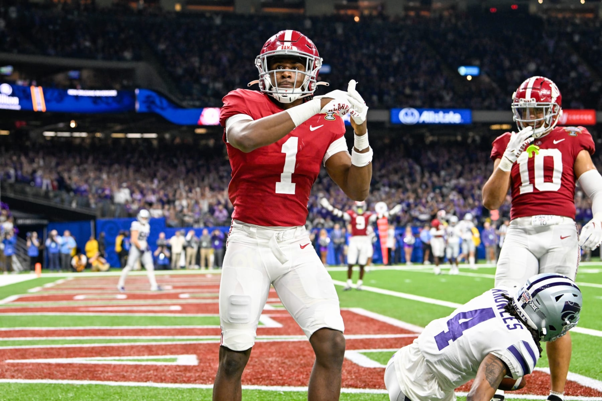NEW ORLEANS, LA - DECEMBER 31: Alabama Crimson Tide defensive back Kool-Aid McKinstry (1) celebrates breaking up a pass play in the endzone during second half action during the Sugar Bowl between the Alabama Crimson Tide and Kansas State Wildcats at Caesars Superdome on December 31, 2022 in New Orleans, LA. (Photo by Ken Murray/Icon Sportswire via Getty Images) NEW ORLEANS, LA - DECEMBER 31: Alabama Crimson Tide defensive back Kool-Aid McKinstry (1) celebrates breaking up a pass play in the endzone during second half action during the Sugar Bowl between the Alabama Crimson Tide and Kansas State Wildcats at Caesars Superdome on December 31, 2022 in New Orleans, LA. (Photo by Ken Murray/Icon Sportswire via Getty Images)