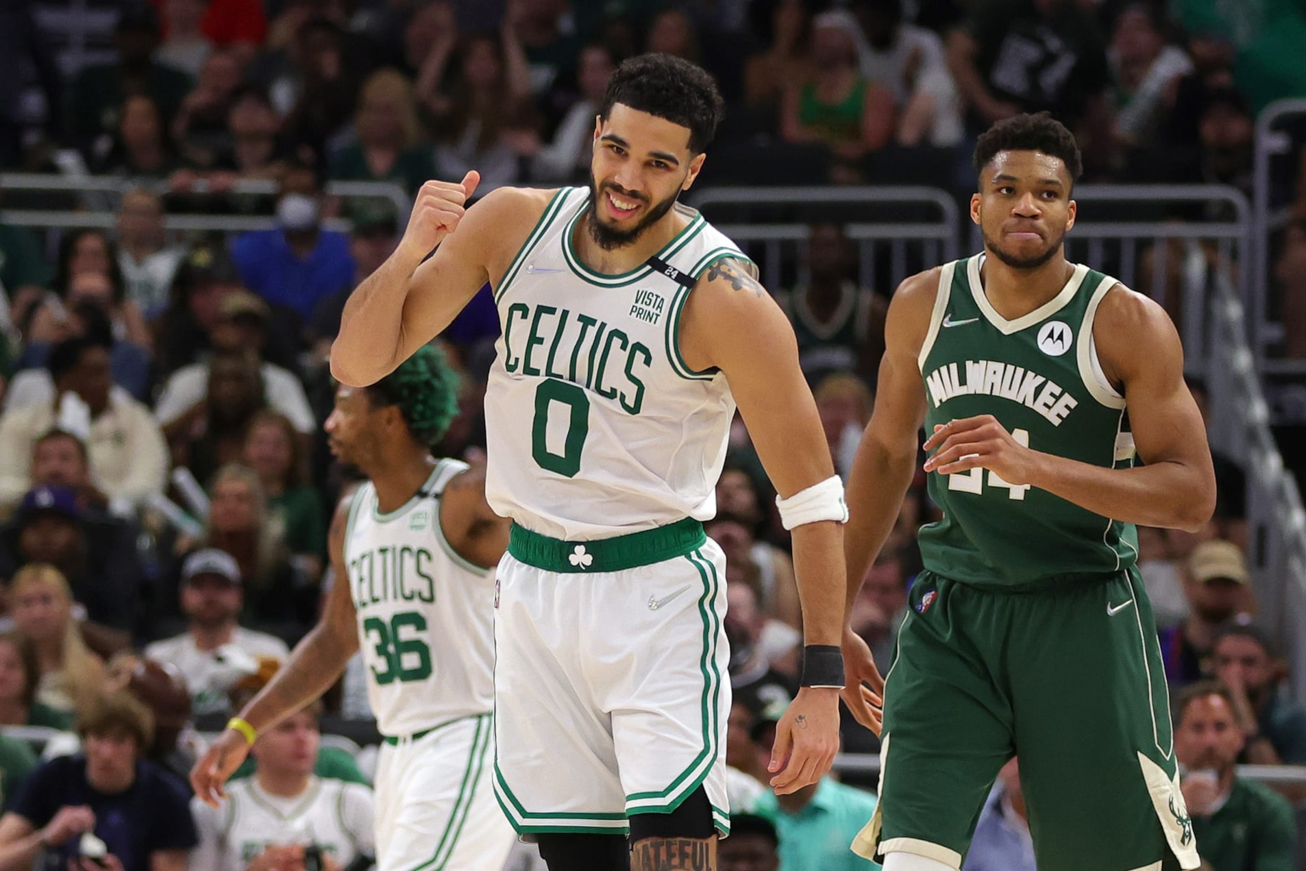 Jayson Tatum and Giannis Antetokounmpo