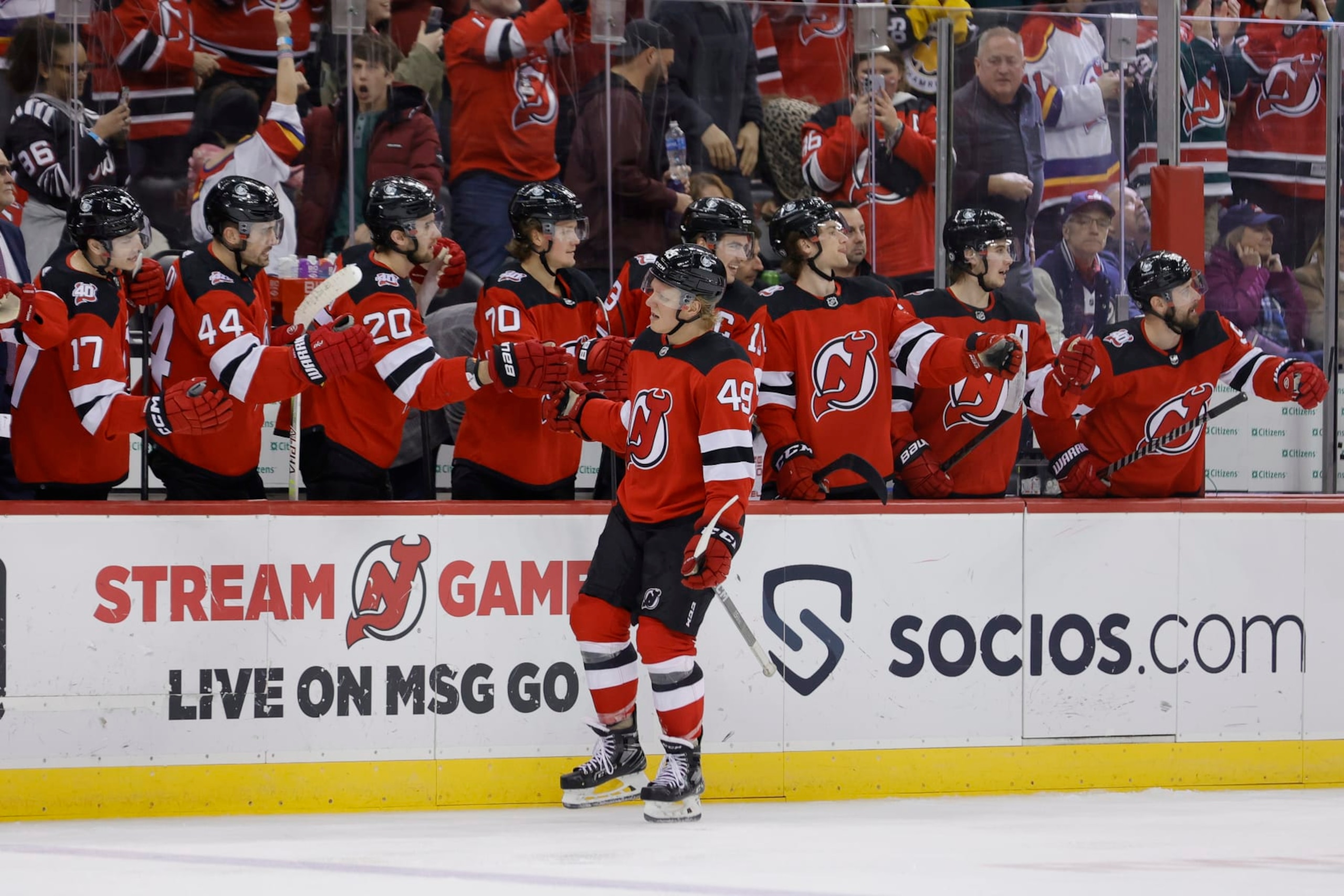 NEWARK, NEW JERSEY - FEBRUARY 19: Fabian Zetterlund #49 of the New Jersey Devils celebrates with teammates after scoring a goal against the Winnipeg Jets during the third period at Prudential Center on February 19, 2023 in Newark, New Jersey. (Photo by Josh Lobel/NHLI via Getty Images) NEWARK, NEW JERSEY - FEBRUARY 19: Fabian Zetterlund #49 of the New Jersey Devils celebrates with teammates after scoring a goal against the Winnipeg Jets during the third period at Prudential Center on February 19, 2023 in Newark, New Jersey. (Photo by Josh Lobel/NHLI via Getty Images)