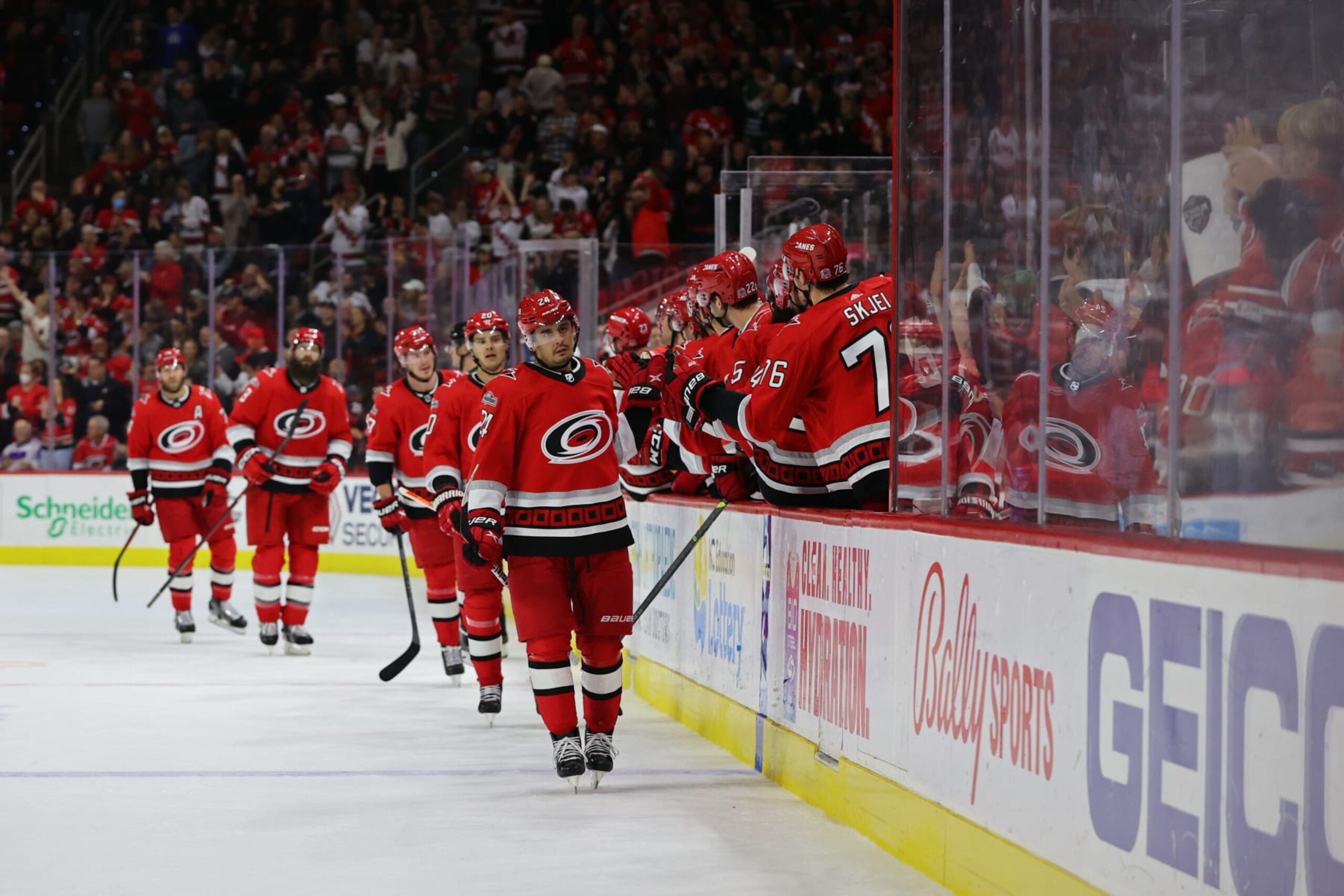RALEIGH, NC - FEBRUARY 16: Seth Jarvis #24 of the Carolina Hurricanes scores a goal during the first period of the game against the Montreal Canadiens at PNC Arena on February 16, 2023 in Raleigh, North Carolina. (Photo by Jaylynn Nash/Getty Images) RALEIGH, NC - FEBRUARY 16: Seth Jarvis #24 of the Carolina Hurricanes scores a goal during the first period of the game against the Montreal Canadiens at PNC Arena on February 16, 2023 in Raleigh, North Carolina. (Photo by Jaylynn Nash/Getty Images)
