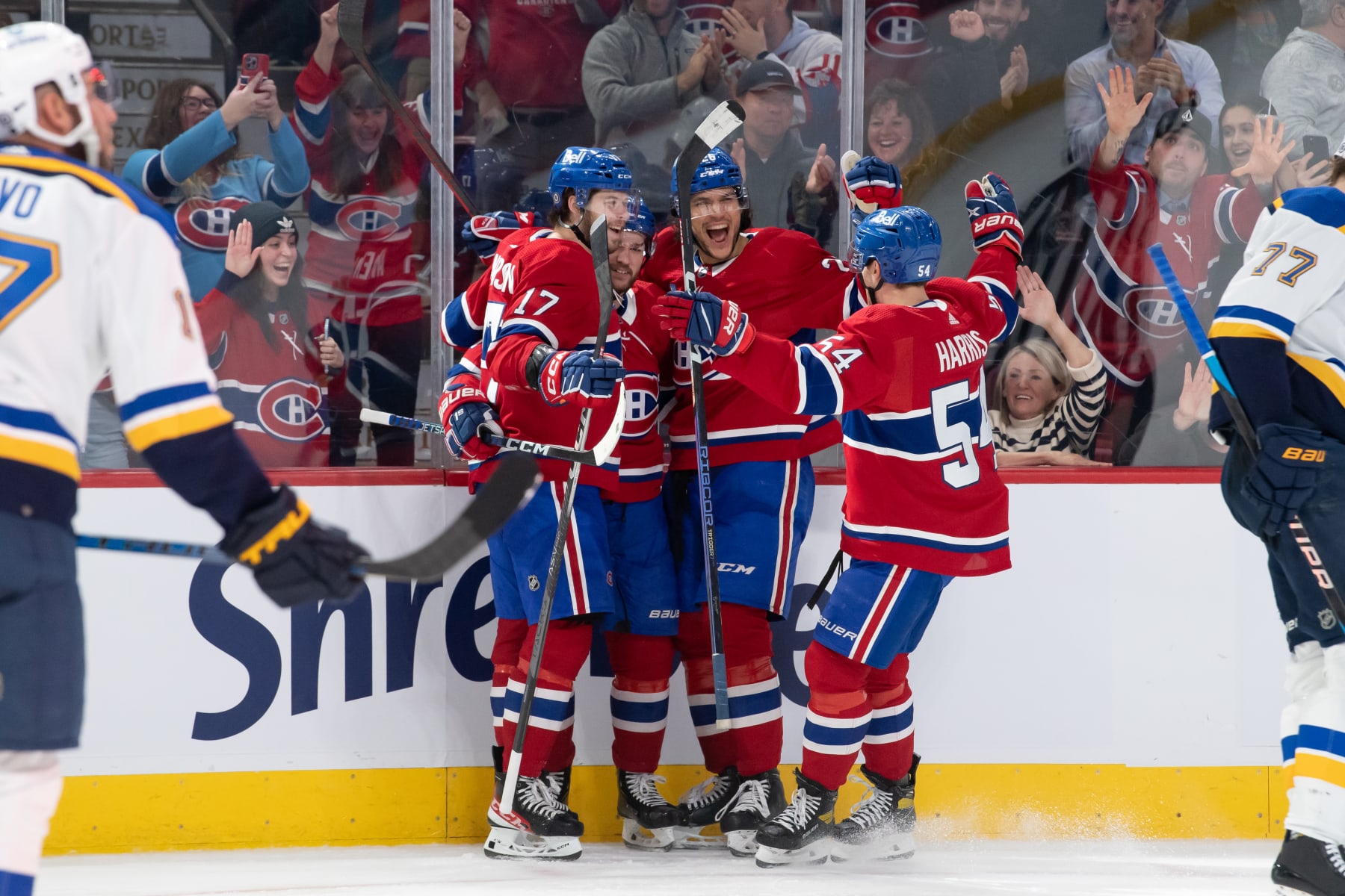 MONTREAL, CANADA - JANUARY 7: Jonathan Drouin #27,  Josh Anderson #17 and Johnathan Kovacevic #26 of the Montreal Canadiens celebrate a goal against the St Louis Blues during the first period in the NHL game at the Centre Bell on January 7, 2023 in Montreal, Quebec, Canada. (Photo by Francois Lacasse/NHLI via Getty Images)