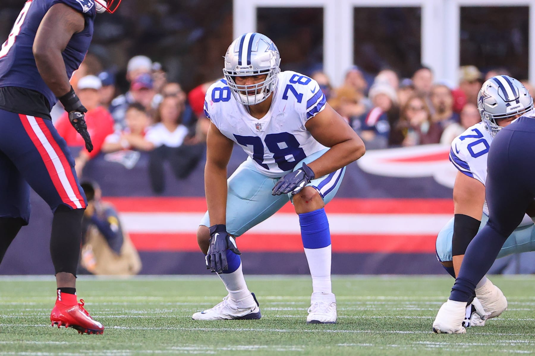 FOXBOROUGH, MA - OCTOBER 17:  Dallas Cowboys offensive tackle Terence Steele (78)  during the National Football League game between the New England Patriots and the Dallas Cowboys on October 17, 2021 at Gillette Stadium in Foxborough, MA.    (Photo by Rich Graessle/Icon Sportswire via Getty Images)