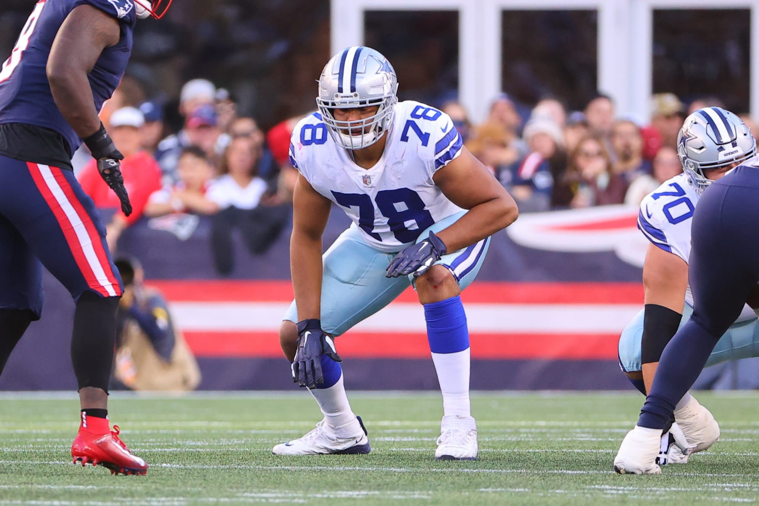 FOXBOROUGH, MA - OCTOBER 17:  Dallas Cowboys offensive tackle Terence Steele (78)  during the National Football League game between the New England Patriots and the Dallas Cowboys on October 17, 2021 at Gillette Stadium in Foxborough, MA.    (Photo by Rich Graessle/Icon Sportswire via Getty Images)