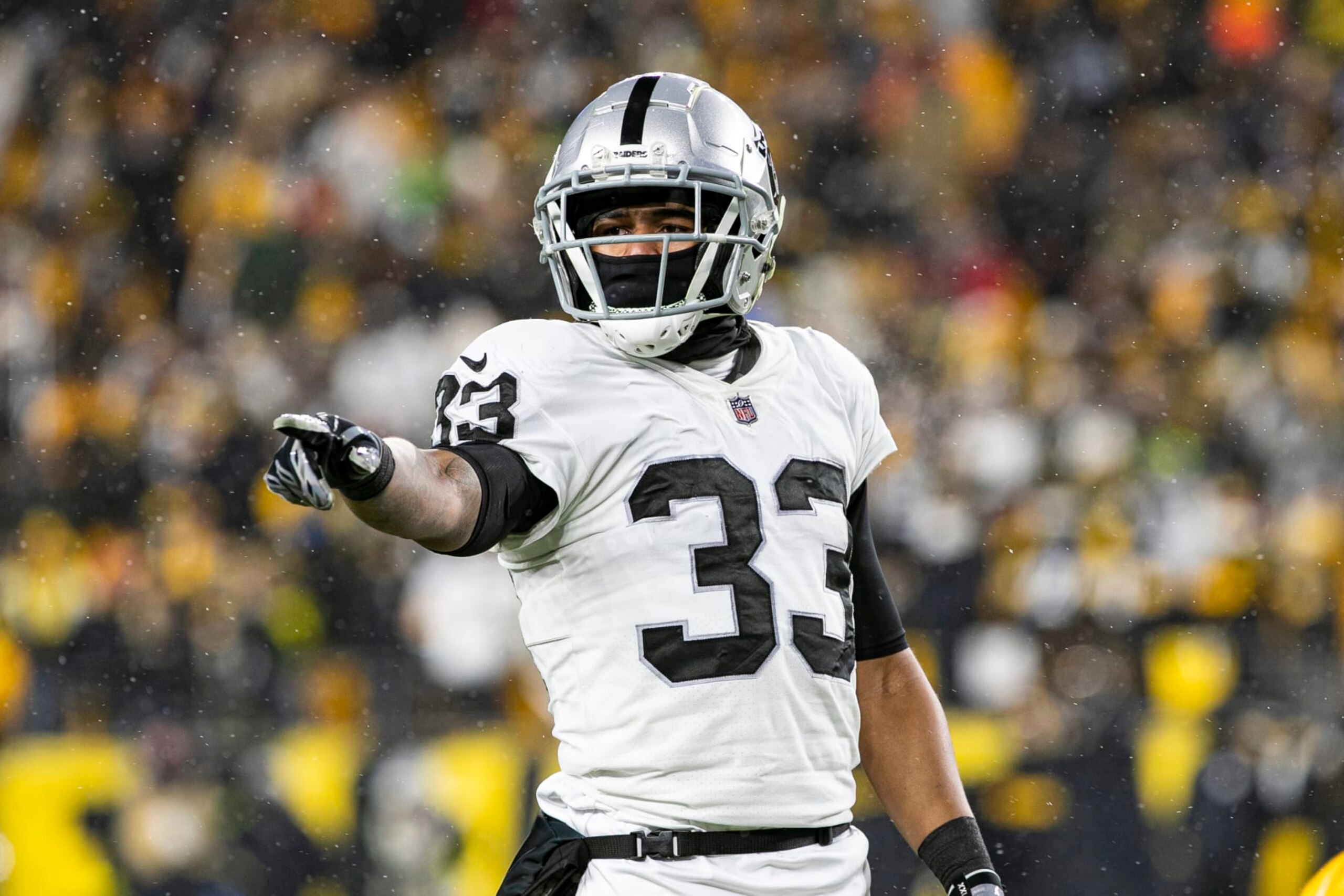PITTSBURGH, PA - DECEMBER 24: Las Vegas Raiders safety Roderic Teamer (33) looks on during the national football league game between the Las Vegas Raiders and the Pittsburgh Steelers on December 24, 2022 at Acrisure Stadium in Pittsburgh, PA. (Photo by Mark Alberti/Icon Sportswire via Getty Images)