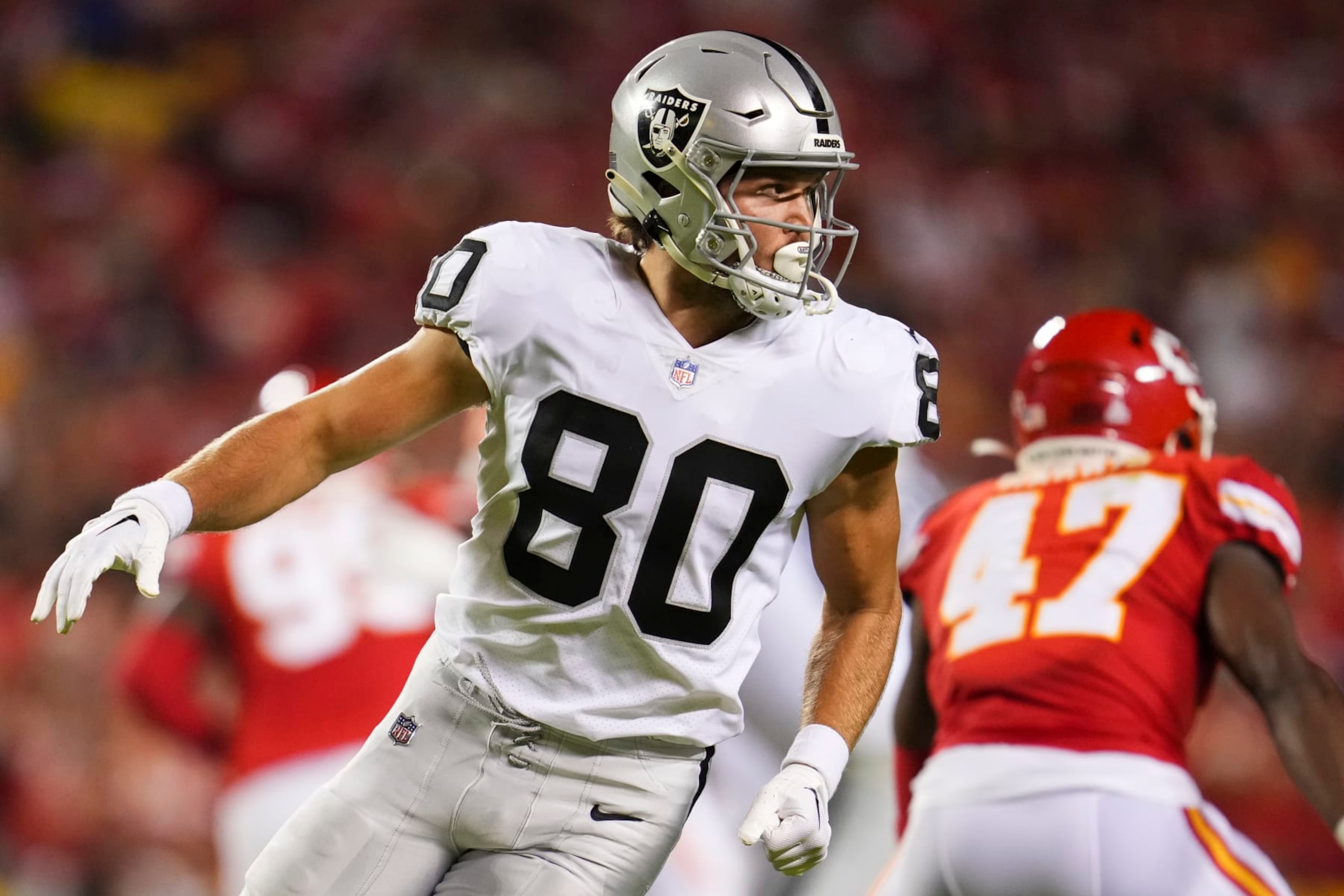 KANSAS CITY, MO - OCTOBER 10: Jesper Horsted #80 of the Las Vegas Raiders plays the field against the Kansas City Chiefs at GEHA Field at Arrowhead Stadium on October 10, 2022 in Kansas City, Missouri. (Photo by Cooper Neill/Getty Images)