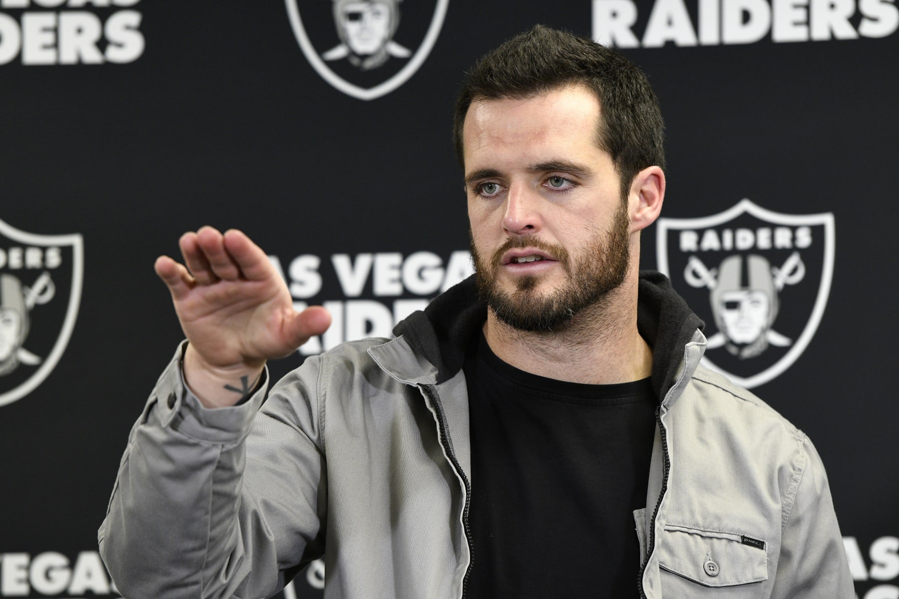 Las Vegas Raiders quarterback Derek Carr meets with reporters after an NFL football game in Pittsburgh, Saturday, Dec. 24, 2022. The Steelers won 13-10. (AP Photo/Don Wright)
