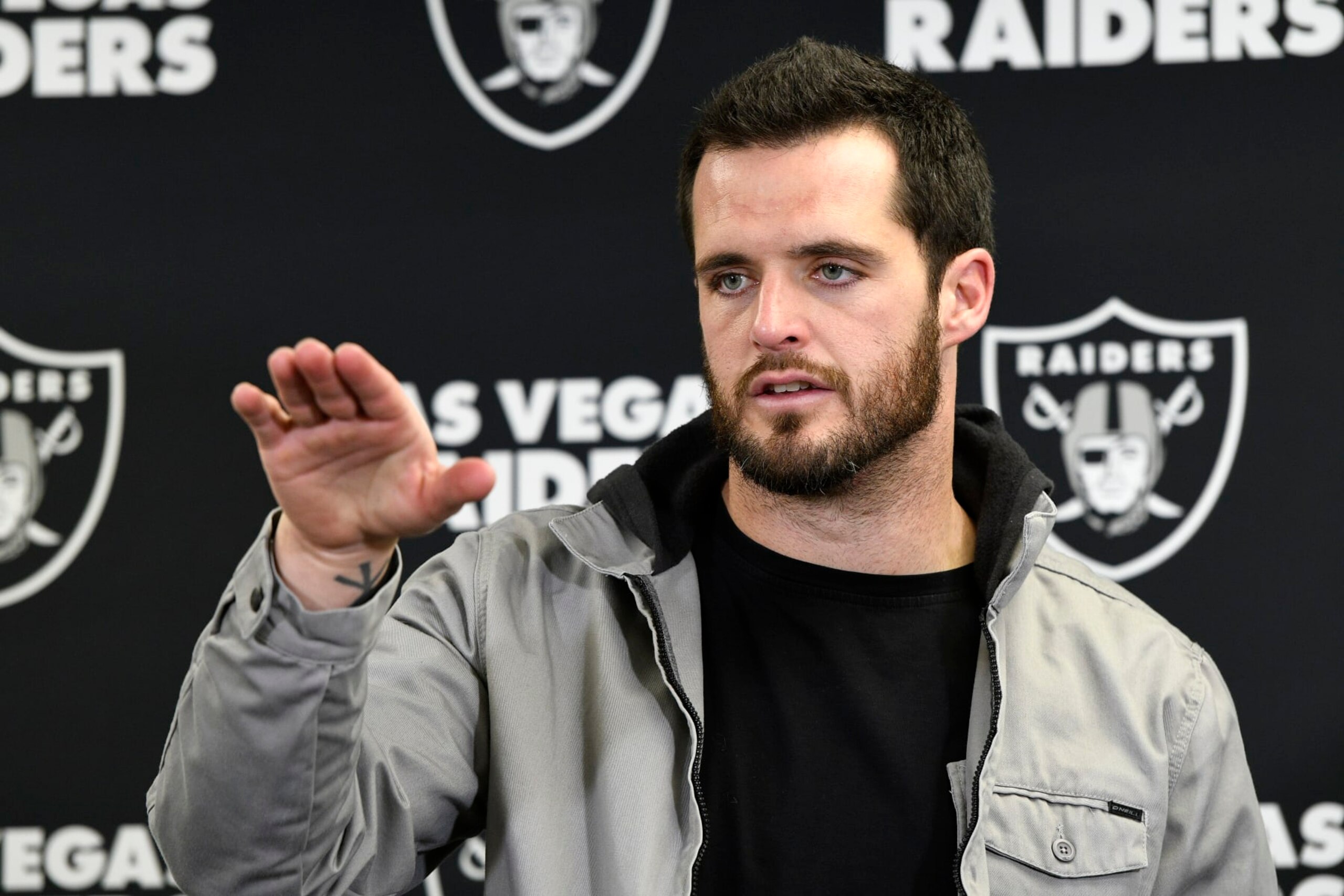 Las Vegas Raiders quarterback Derek Carr meets with reporters after an NFL football game in Pittsburgh, Saturday, Dec. 24, 2022. The Steelers won 13-10. (AP Photo/Don Wright)