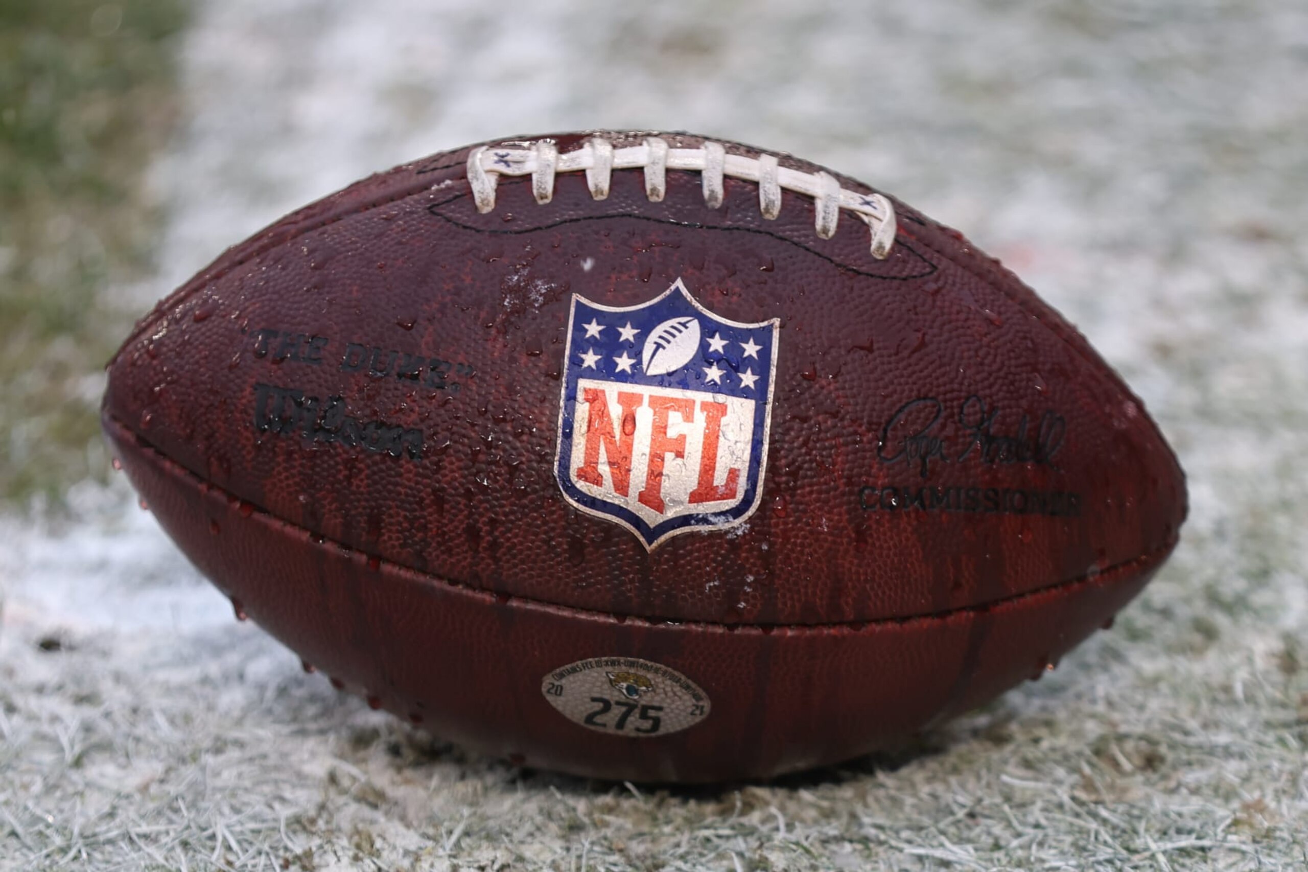 KANSAS CITY, MO - JANUARY 21: A view of a football with the NFL logo before an AFC divisional playoff game between the Jacksonville Jaguars and Kansas City Chiefs on January 21, 2023 at GEHA Field at Arrowhead Stadium in Kansas City, MO. (Photo by Scott Winters/Icon Sportswire via Getty Images) KANSAS CITY, MO - JANUARY 21: A view of a football with the NFL logo before an AFC divisional playoff game between the Jacksonville Jaguars and Kansas City Chiefs on January 21, 2023 at GEHA Field at Arrowhead Stadium in Kansas City, MO. (Photo by Scott Winters/Icon Sportswire via Getty Images)