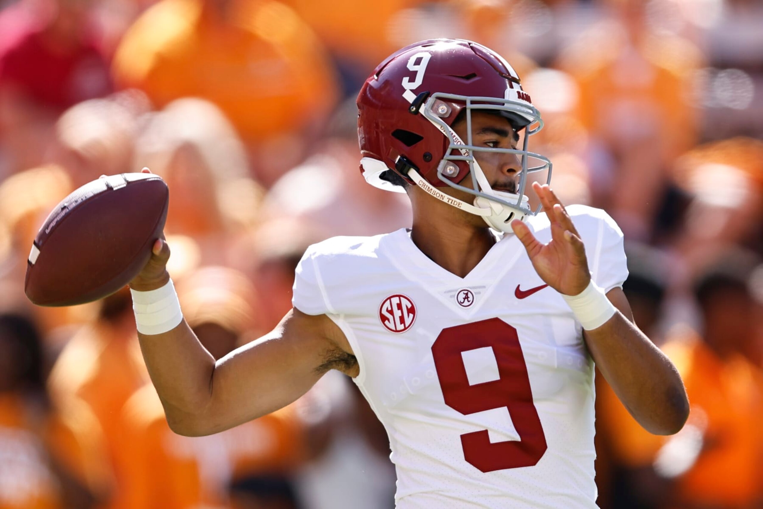 Alabama quarterback Bryce Young (9) warms up before an NCAA college football game against Tennessee, Saturday, Oct. 15, 2022, in Knoxville, Tenn. (AP Photo/Wade Payne) Alabama quarterback Bryce Young (9) warms up before an NCAA college football game against Tennessee, Saturday, Oct. 15, 2022, in Knoxville, Tenn. (AP Photo/Wade Payne)