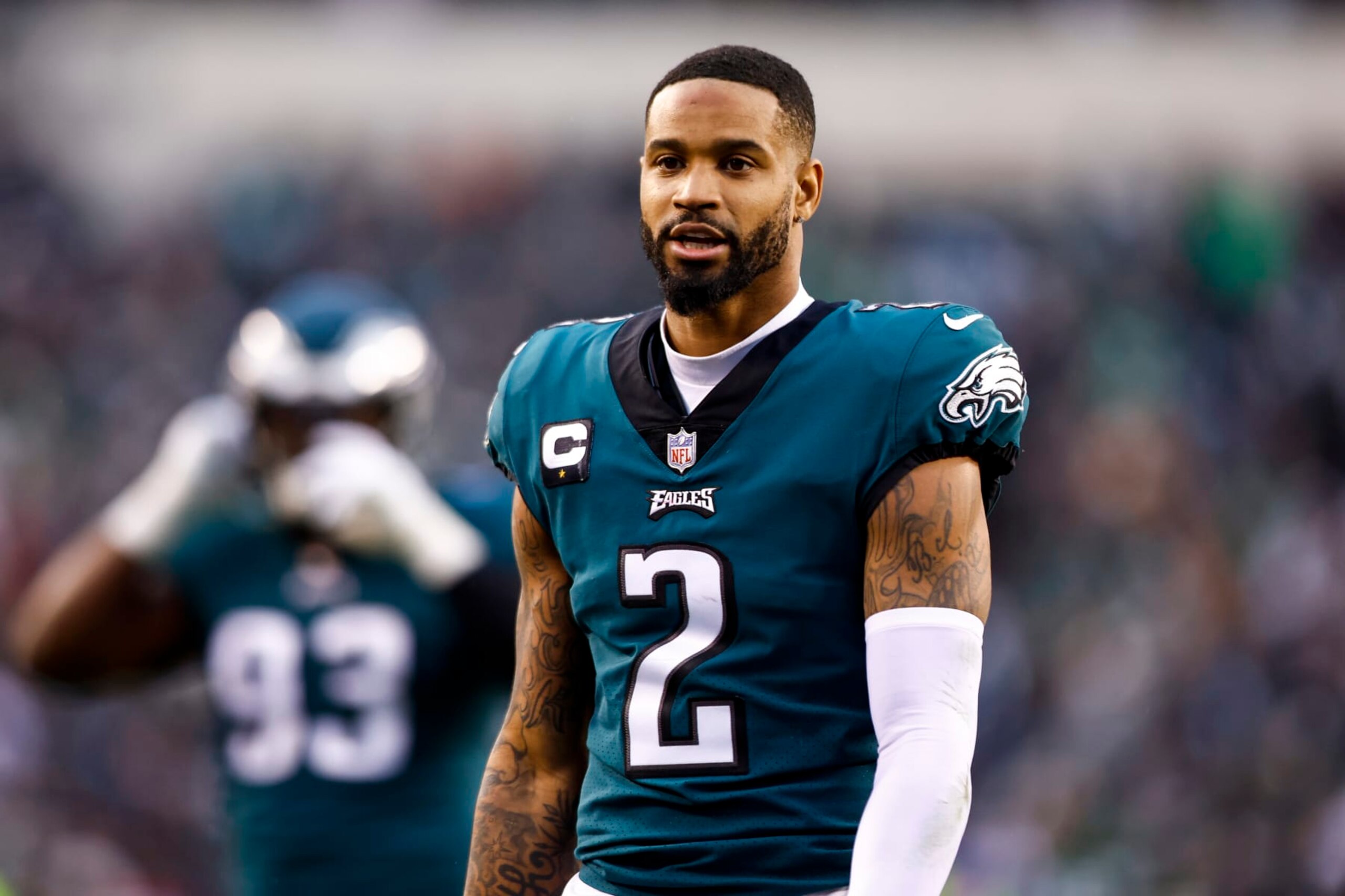 PHILADELPHIA, PA - JANUARY 29: Darius Slay #2 of the Philadelphia Eagles walks to the locker room at halftime of the NFC Championship NFL football game against the San Francisco 49ers at Lincoln Financial Field on January 29, 2023 in Philadelphia, Pennsylvania. (Photo by Kevin Sabitus/Getty Images) PHILADELPHIA, PA - JANUARY 29: Darius Slay #2 of the Philadelphia Eagles walks to the locker room at halftime of the NFC Championship NFL football game against the San Francisco 49ers at Lincoln Financial Field on January 29, 2023 in Philadelphia, Pennsylvania. (Photo by Kevin Sabitus/Getty Images)
