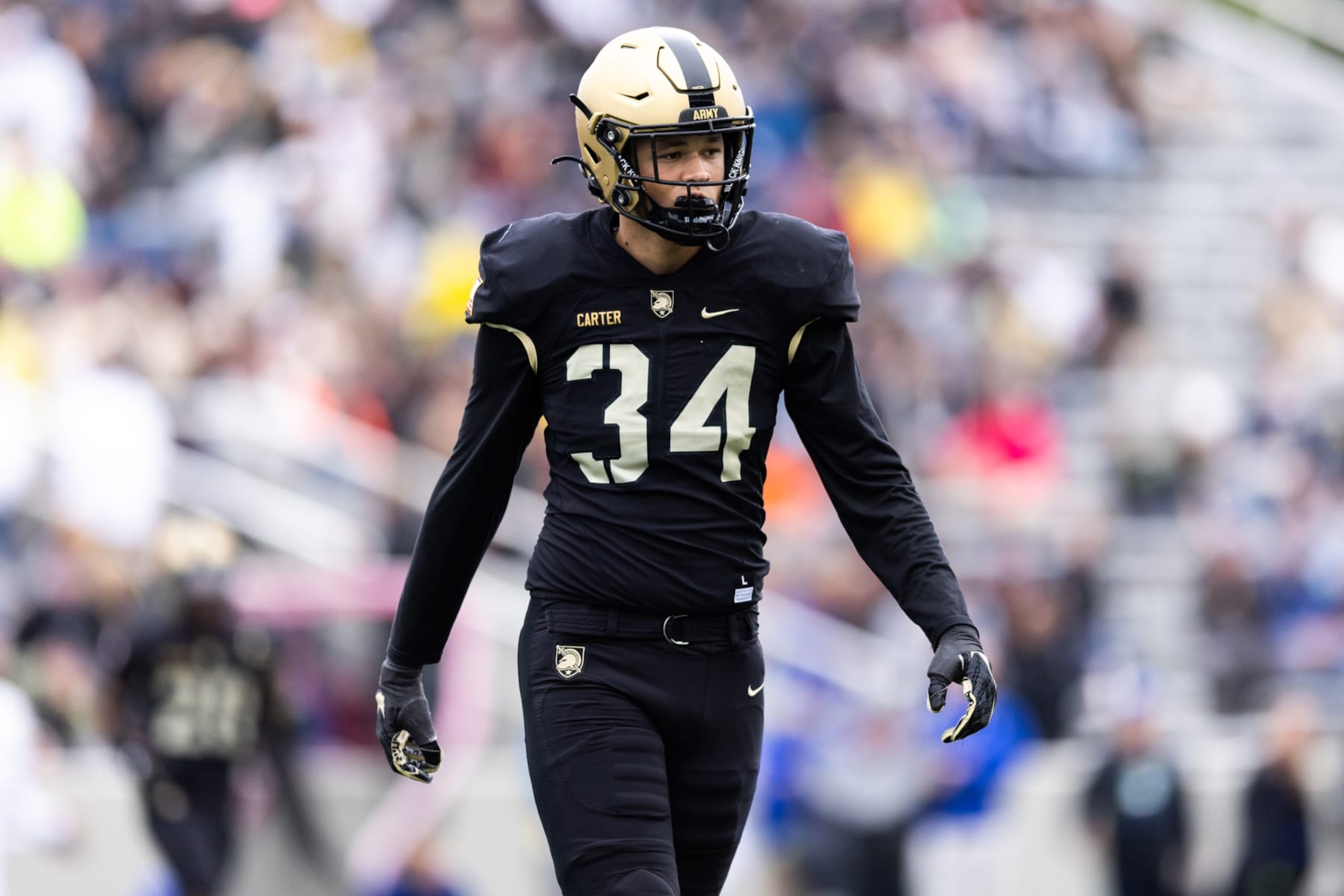 WEST POINT, NEW YORK - OCTOBER 01: Andre Carter II #34 of the Army Black Knights looks on during the first quarter of the game against the Georgia State Panthers at Michie Stadium on October 01, 2022 in West Point, New York. (Photo by Dustin Satloff/Getty Images)