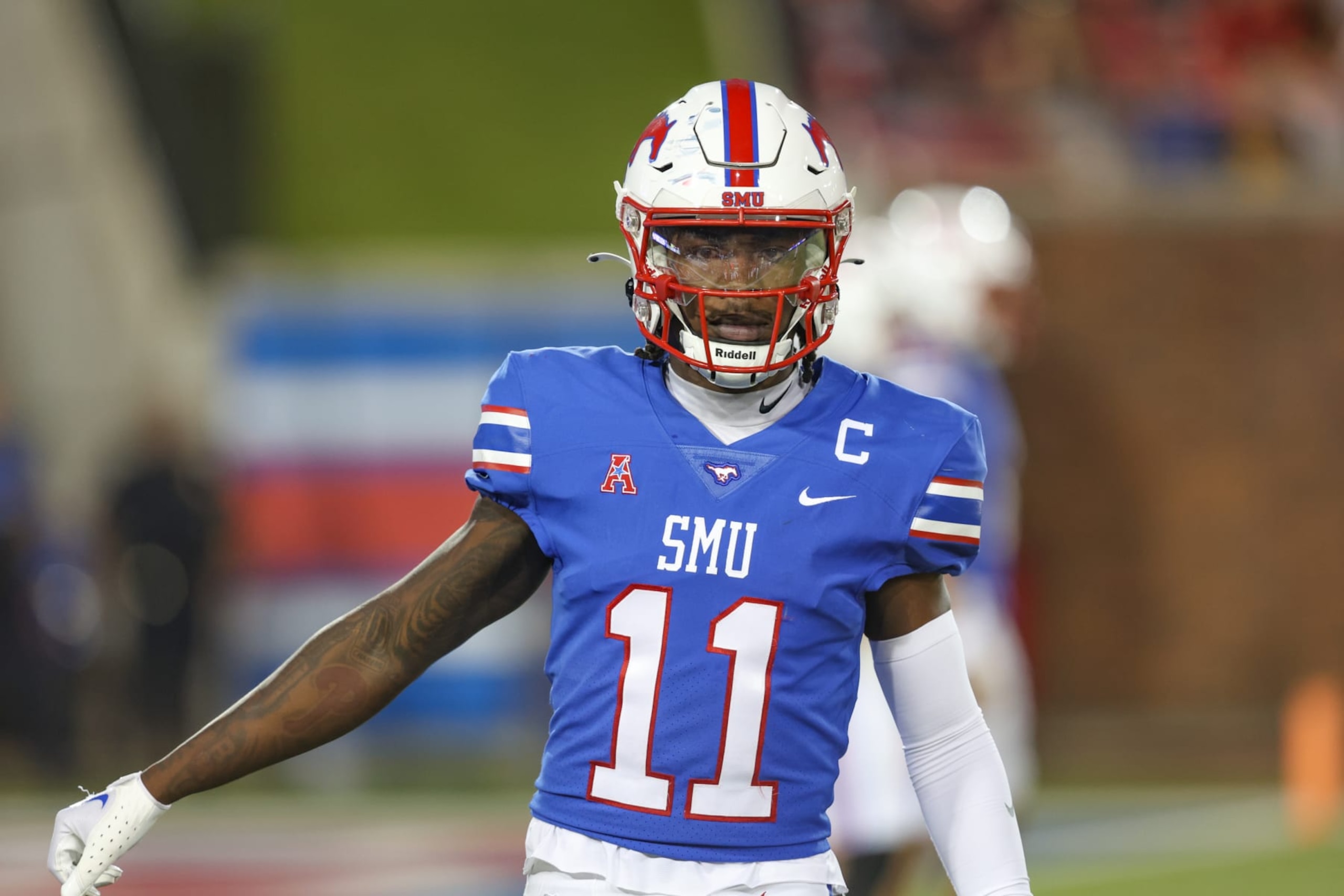 DALLAS, TX - OCTOBER 14: Southern Methodist Mustangs wide receiver Rashee Rice (11) lines up during the game between SMU and Navy on October 14, 2022 at Gerald J. Ford Stadium in Dallas, TX. (Photo by George Walker/Icon Sportswire via Getty Images)
