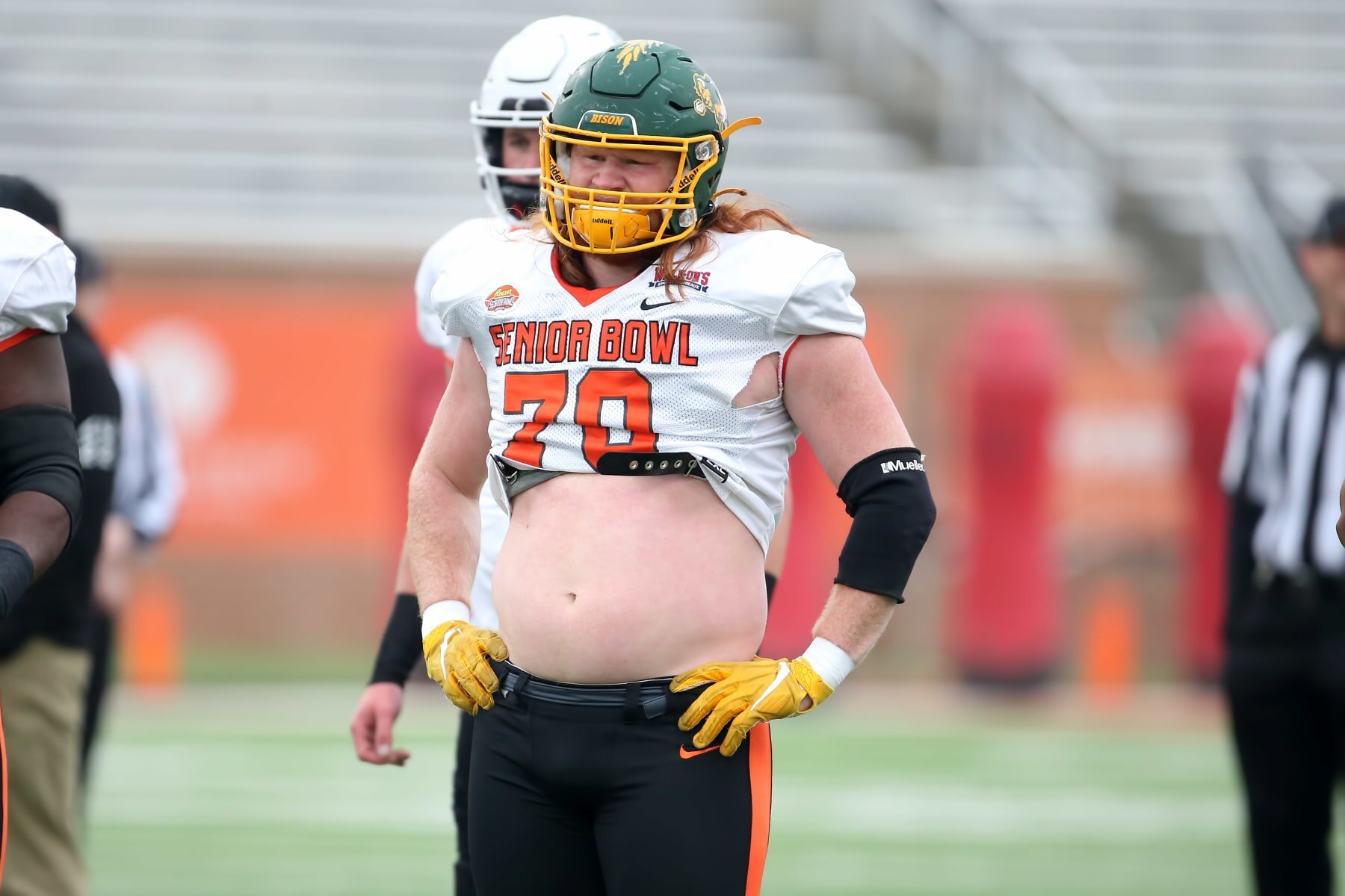 MOBILE, AL - FEBRUARY 02: National offensive lineman Cody Mauch of North Dakota State (70) during the Reese's Senior Bowl team practice session on February 2, 2023 at Hancock Whitney Stadium in Mobile, Alabama.  (Photo by Michael Wade/Icon Sportswire via Getty Images)
