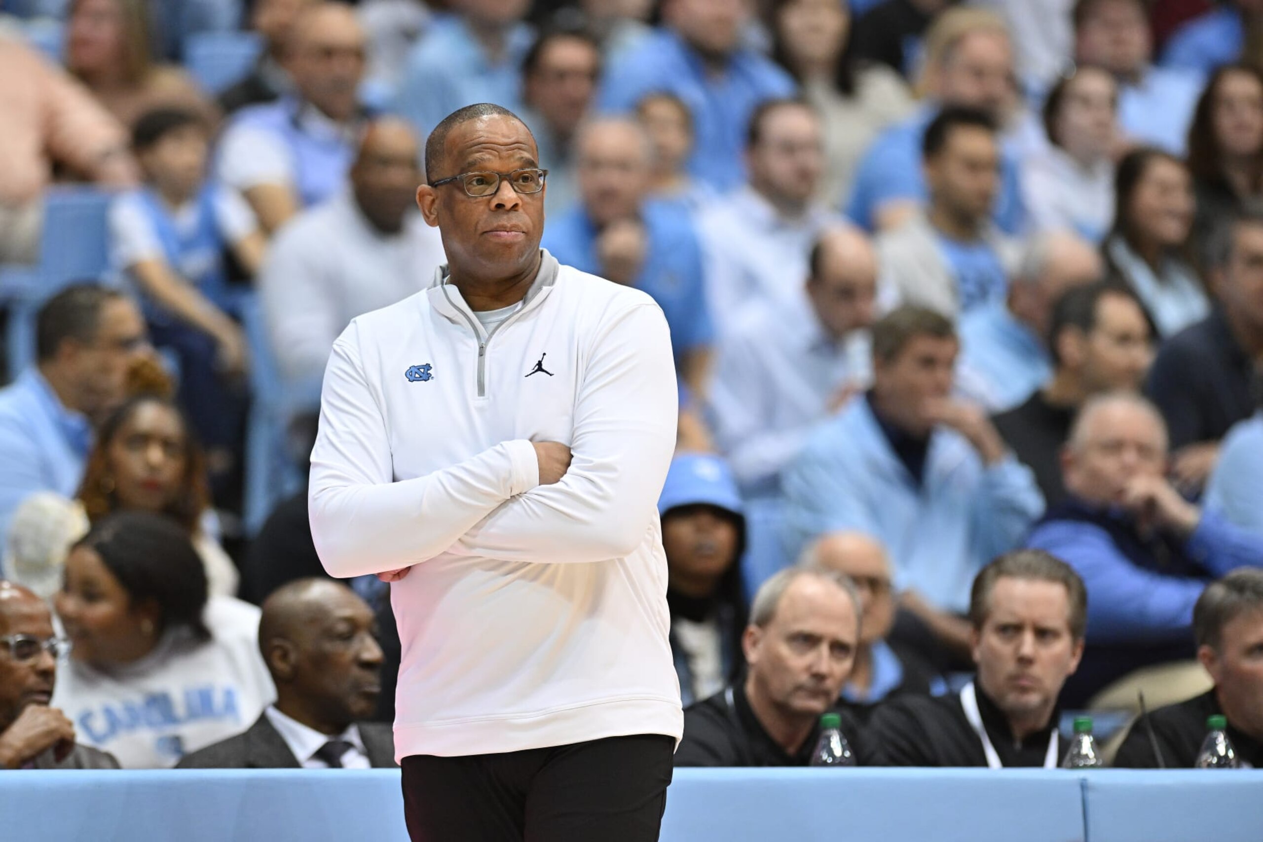 CHAPEL HILL, NORTH CAROLINA - FEBRUARY 11: Head coach Hubert Davis of the North Carolina Tar Heels watches his team play against the Clemson Tigers during their game at the Dean E. Smith Center on February 11, 2023 in Chapel Hill, North Carolina. (Photo by Grant Halverson/Getty Images) CHAPEL HILL, NORTH CAROLINA - FEBRUARY 11: Head coach Hubert Davis of the North Carolina Tar Heels watches his team play against the Clemson Tigers during their game at the Dean E. Smith Center on February 11, 2023 in Chapel Hill, North Carolina. (Photo by Grant Halverson/Getty Images)