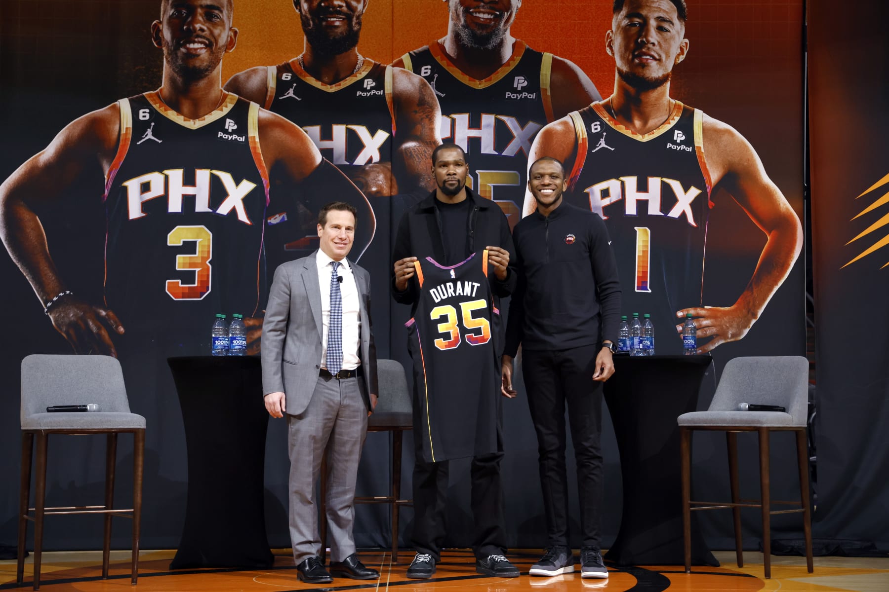 PHOENIX, ARIZONA - FEBRUARY 16: (L-R) Owner Mat Ishbia, Kevin Durant and general manager James Jones of the Phoenix Suns pose for a photo at a press conference at Footprint Center on February 16, 2023 in Phoenix, Arizona. NOTE TO USER: User expressly acknowledges and agrees that, by downloading and/or using this photograph, User is consenting to the terms and conditions of the Getty Images License Agreement.  (Photo by Chris Coduto/Getty Images)