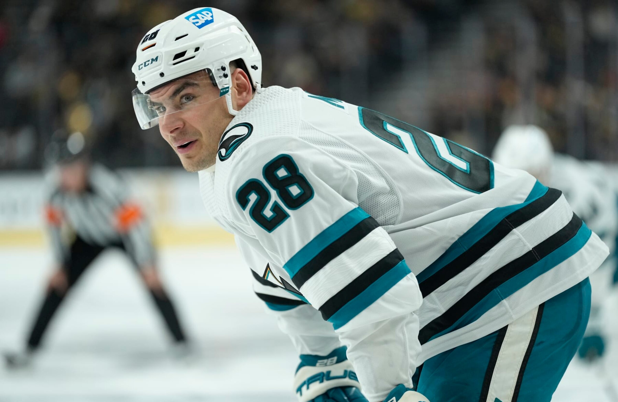 LAS VEGAS, NEVADA - FEBRUARY 16: Timo Meier #28 of the San Jose Sharks skates during the second period against the Vegas Golden Knights at T-Mobile Arena on February 16, 2023 in Las Vegas, Nevada. (Photo by Jeff Bottari/NHLI via Getty Images) LAS VEGAS, NEVADA - FEBRUARY 16: Timo Meier #28 of the San Jose Sharks skates during the second period against the Vegas Golden Knights at T-Mobile Arena on February 16, 2023 in Las Vegas, Nevada. (Photo by Jeff Bottari/NHLI via Getty Images)