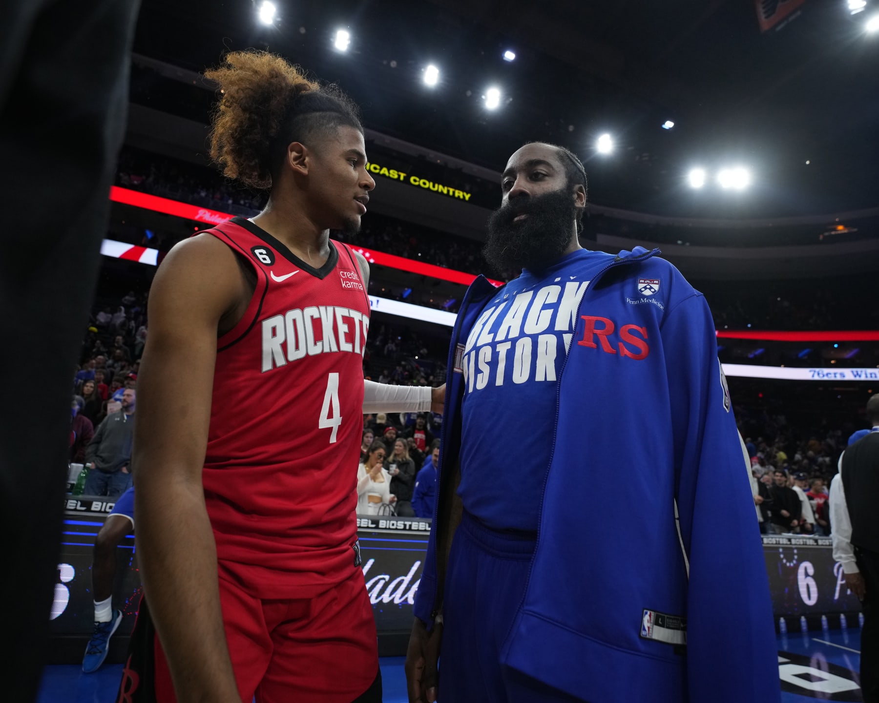 PHILADELPHIA, PA - FEBRUARY 13: Jalen Green #4 of the Houston Rockets and James Harden #1 of the Philadelphia 76ers after the game on February 13, 2023 at the Wells Fargo Center in Philadelphia, Pennsylvania NOTE TO USER: User expressly acknowledges and agrees that, by downloading and/or using this Photograph, user is consenting to the terms and conditions of the Getty Images License Agreement. Mandatory Copyright Notice: Copyright 2023 NBAE (Photo by Jesse D. Garrabrant/NBAE via Getty Images)