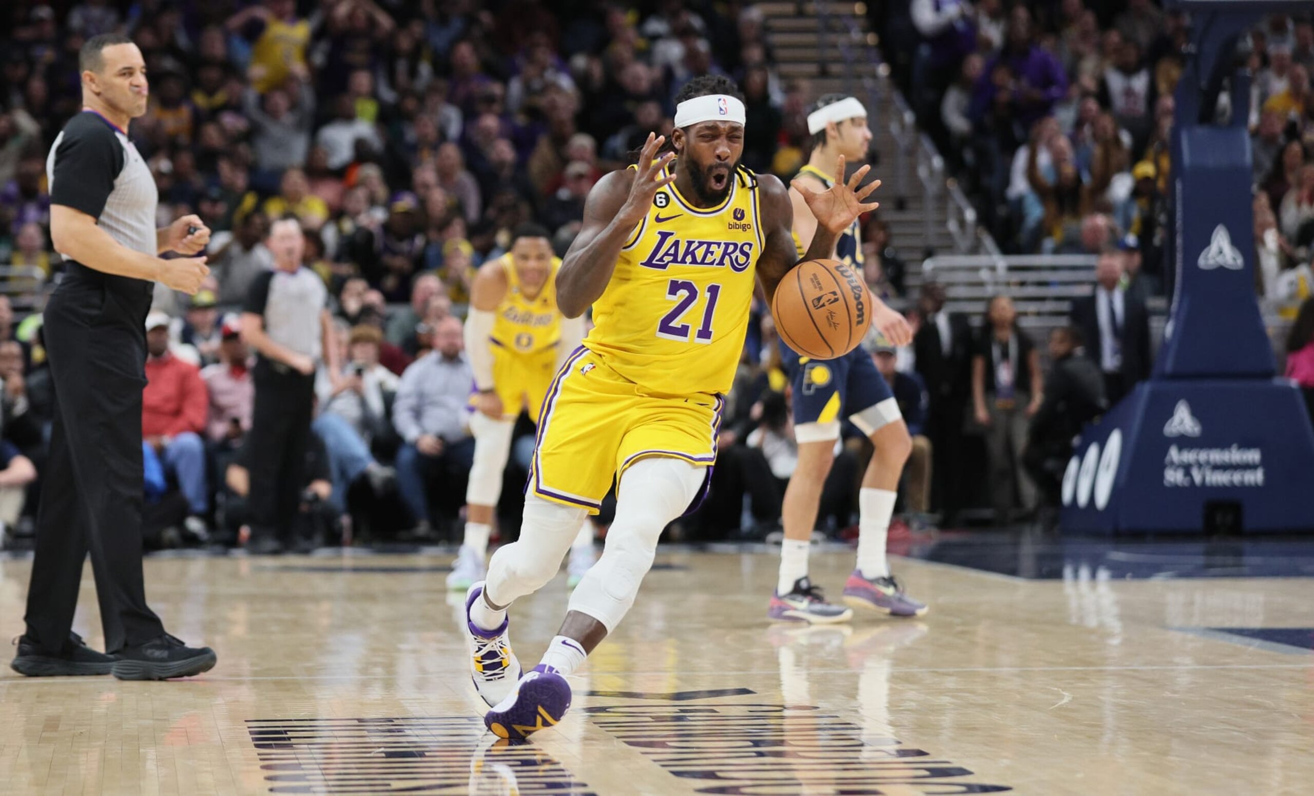 INDIANAPOLIS, INDIANA - FEBRUARY 02: Patrick Beverley #21of the Los Angeles Lakers reacts after being called for a foul in the second half against the Indiana Pacers at Gainbridge Fieldhouse on February 02, 2023 in Indianapolis, Indiana. NOTE TO USER: User expressly acknowledges and agrees that, by downloading and/or using this photograph, User is consenting to the terms and conditions of the Getty Images License Agreement. (Photo by Andy Lyons/Getty Images) INDIANAPOLIS, INDIANA - FEBRUARY 02: Patrick Beverley #21of the Los Angeles Lakers reacts after being called for a foul in the second half against the Indiana Pacers at Gainbridge Fieldhouse on February 02, 2023 in Indianapolis, Indiana. NOTE TO USER: User expressly acknowledges and agrees that, by downloading and/or using this photograph, User is consenting to the terms and conditions of the Getty Images License Agreement. (Photo by Andy Lyons/Getty Images)