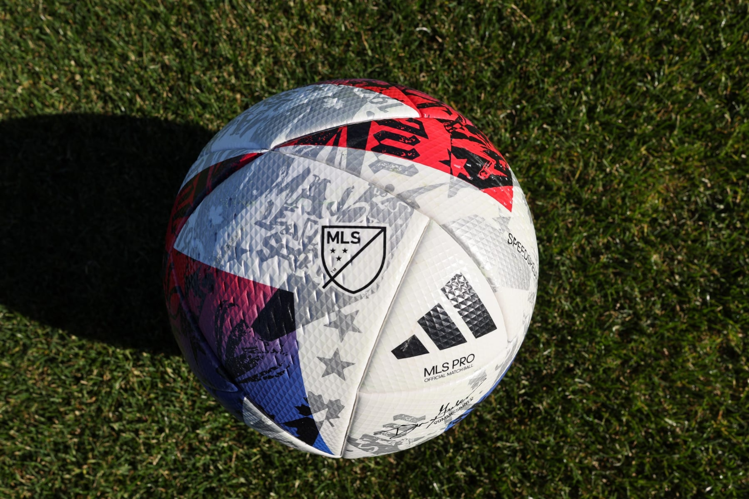 INDIO, CA - FEBRUARY 06:  A general detail view of the MLS logo on the Adidas White 2023 MLS Speedshell Pro Ball during the MLS Pre-Season 2023 Coachella Valley Invitational match between D.C. United v LAFC at Empire Polo Club on February 6, 2023 in Indio, California. (Photo by Matthew Ashton - AMA/Getty Images)